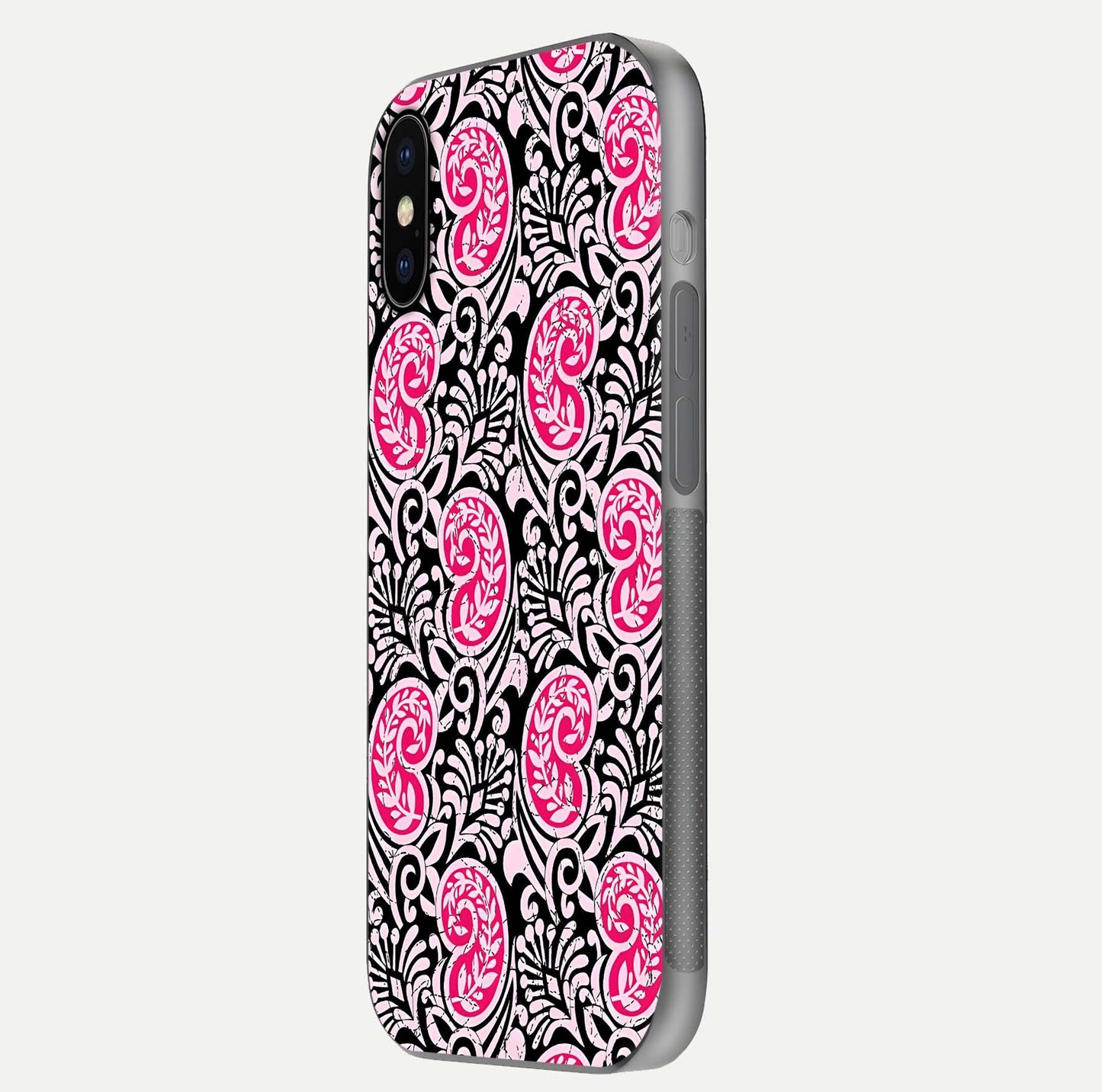 Crimson Paisley Charm Glass Case for iPhone X side-angle image showing reflection and smooth edges