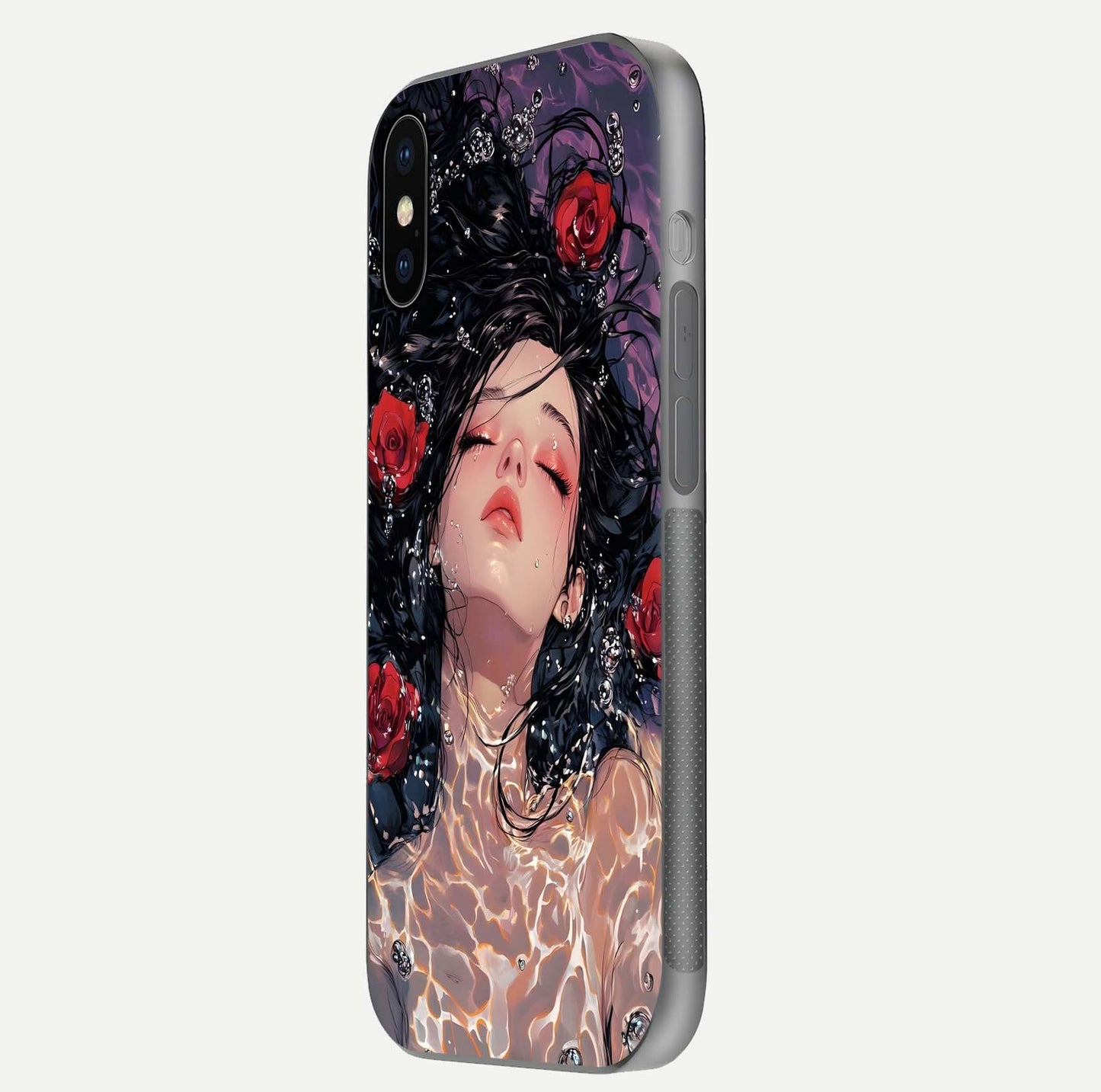 Crimson Rose Serenity Glass Case for iPhone X side-angle photo showing glass reflection and soft edges