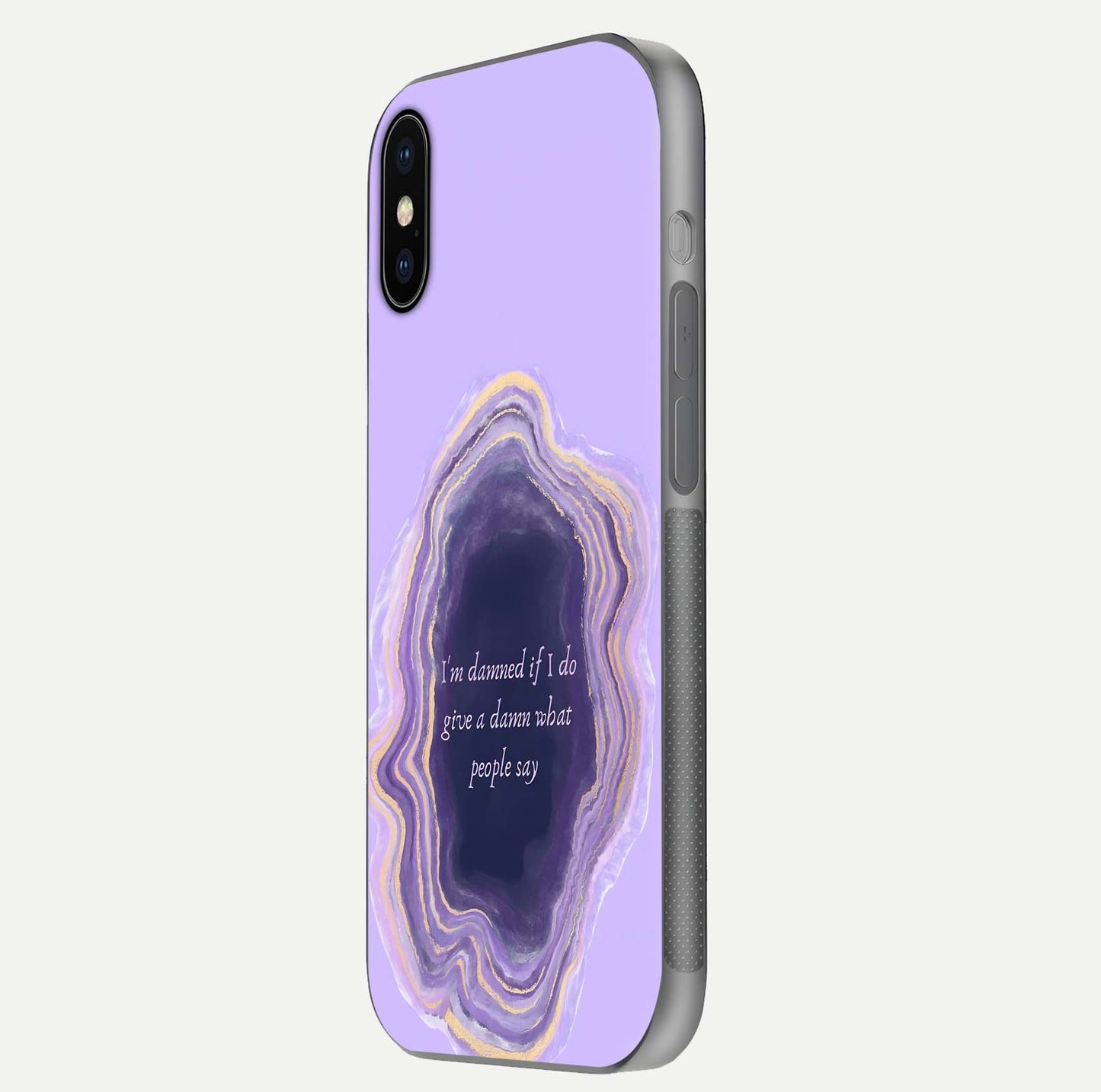 Damned People Quote Glass Case for iPhone X side-angle image showing light shine and smooth edges