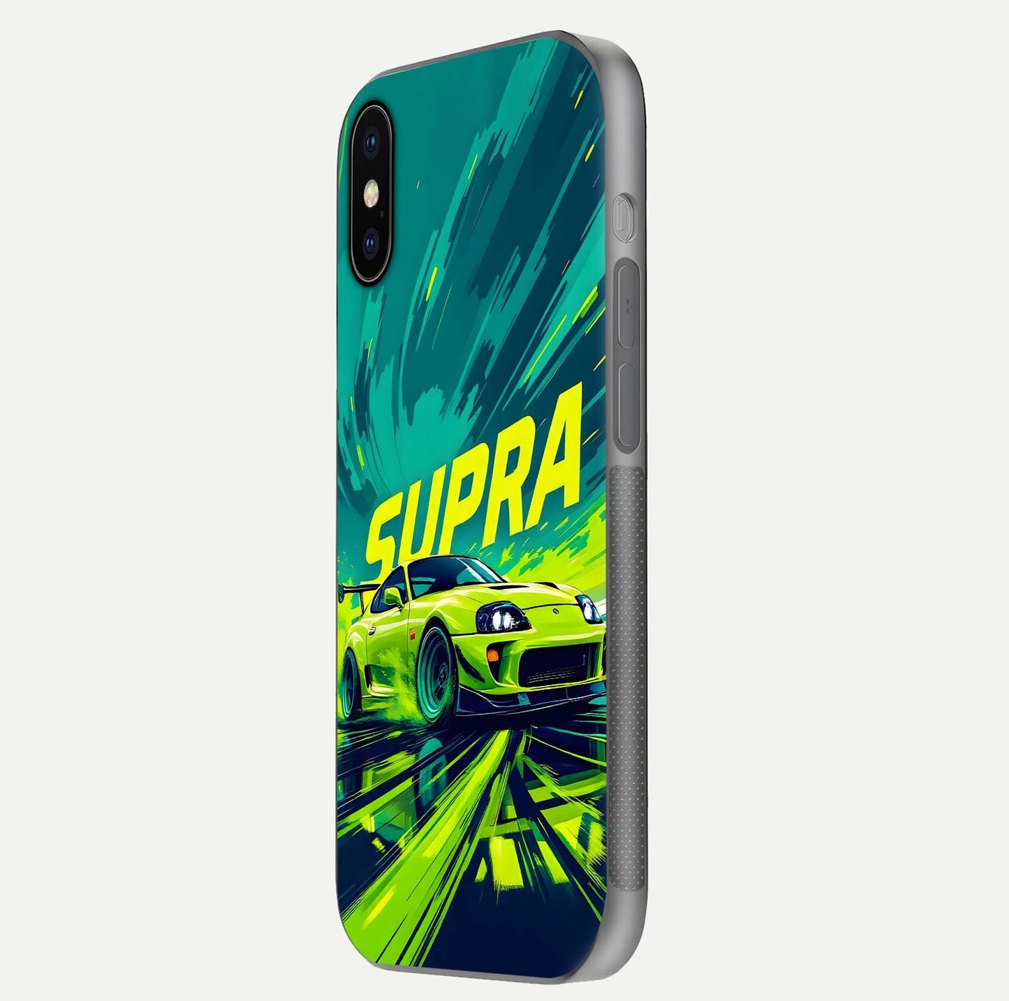 Electric Supra Thunder Glass Case for iPhone X side-angle photo showing sleek car outline and reflective shine