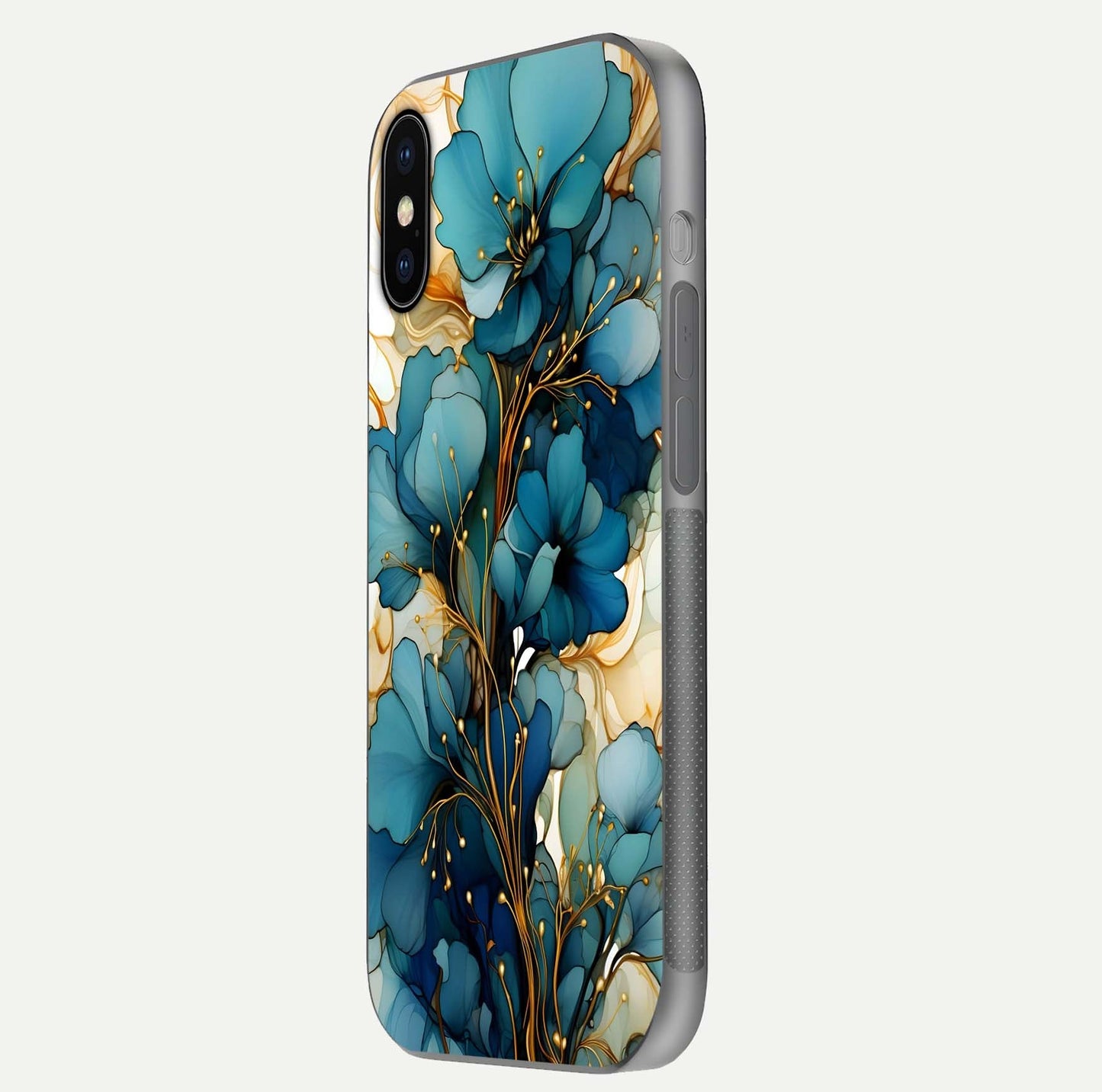 Golden Bloom Symphony Glass Case for iPhone X side-angle image showing golden glow, light reflection, and premium surface