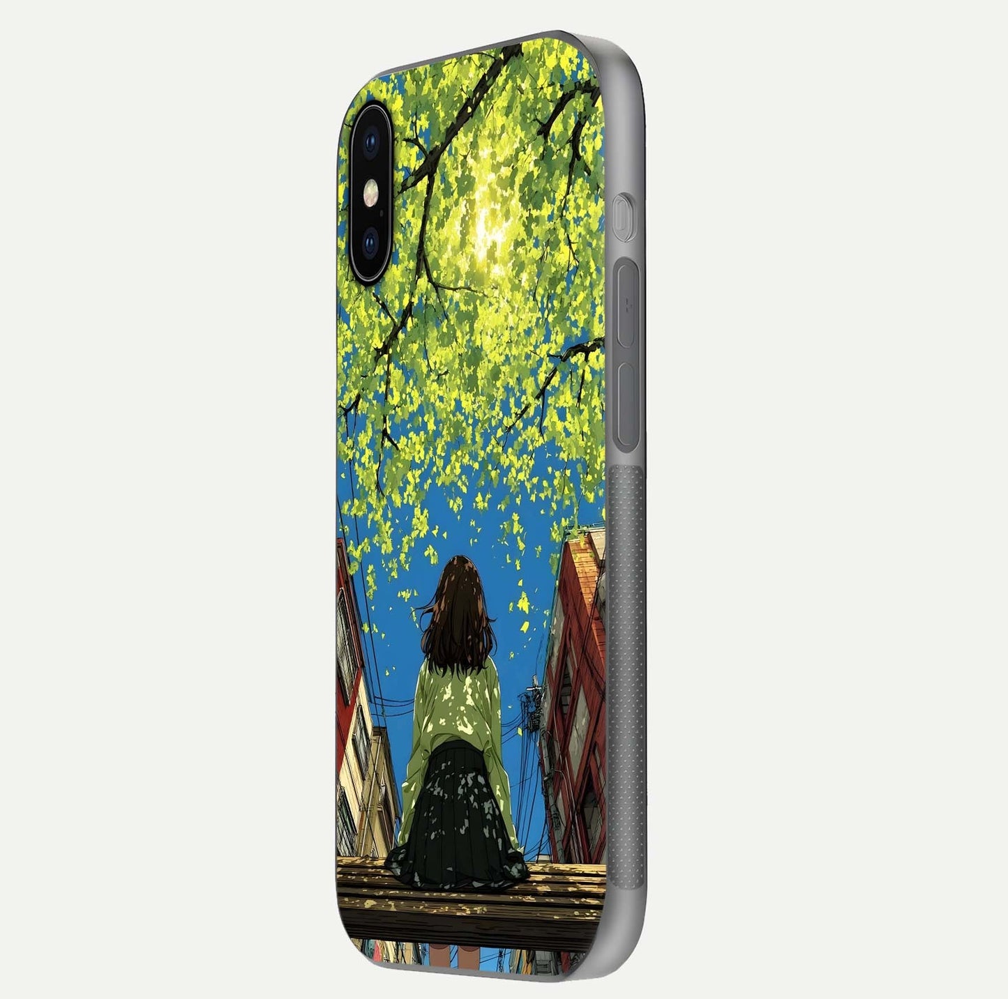 Golden Leaves Glow Glass Case for iPhone X side-angle image showing reflection polish and elegant pattern