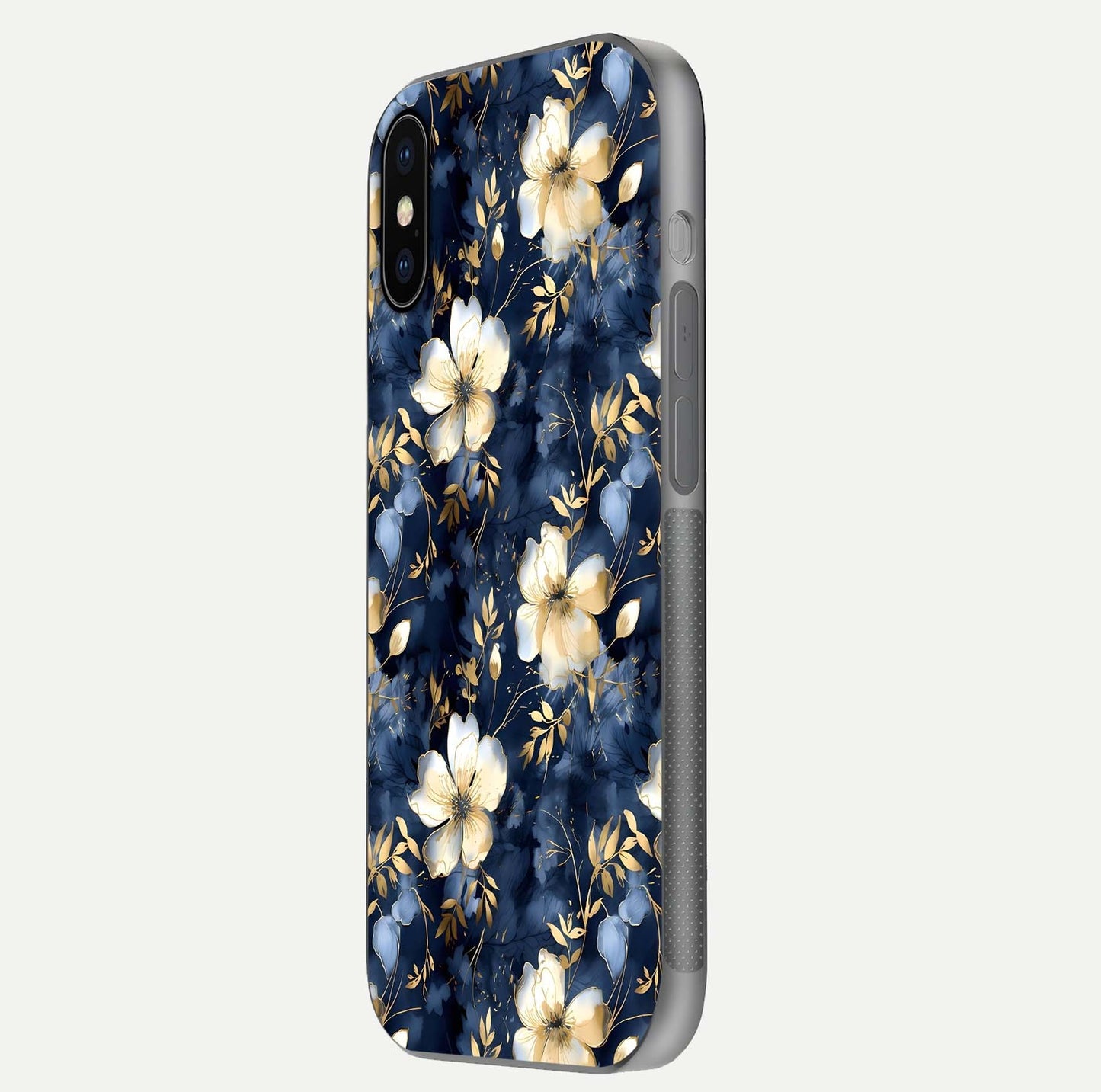 Golden Midnight Bloom Glass Case for iPhone X side-angle image showing shine depth and elegant edge design