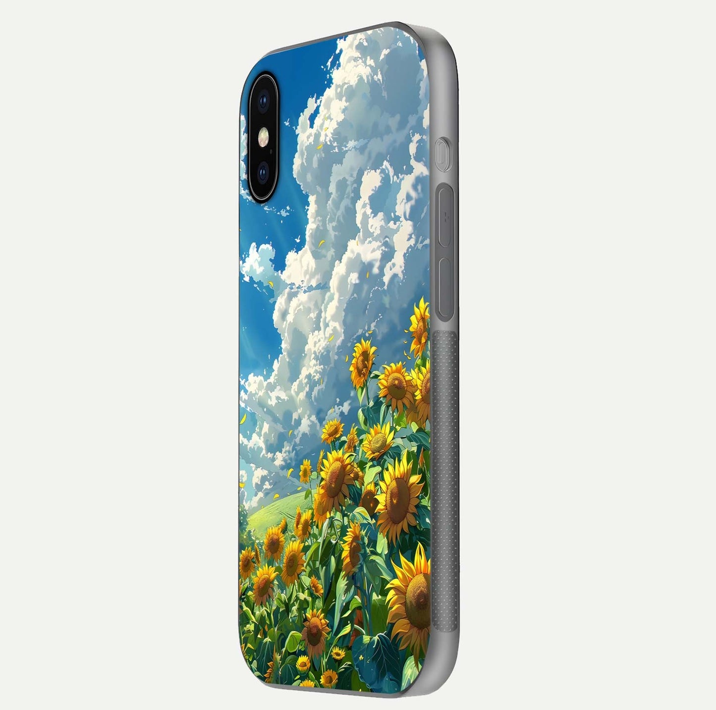 Golden Sun Glory Glass Case for iPhone X side-angle image showing reflection glow and luminous texture