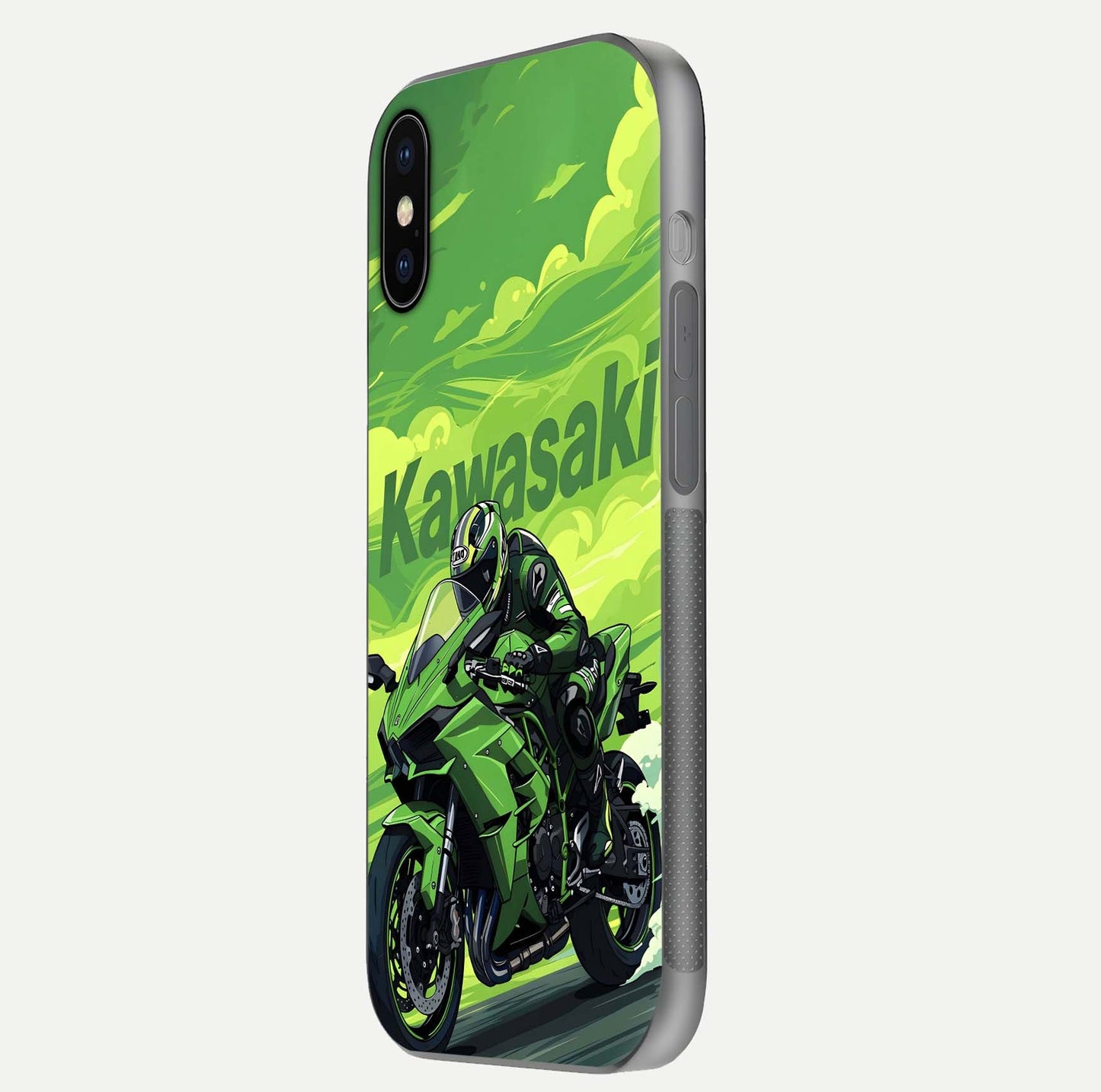 Green Kawasaki Glass Case for iPhone X side-angle image showing reflection depth and metallic green accent
