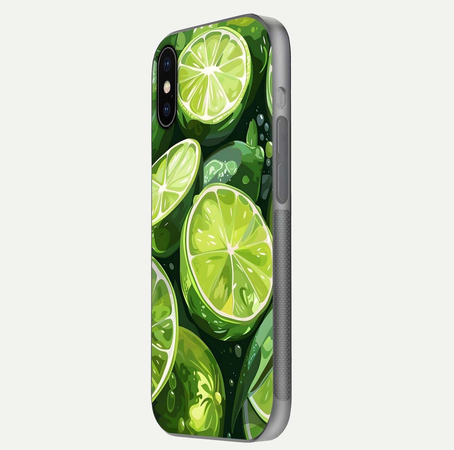 Green Lemon Glass Case for iPhone X side-angle image showing reflection glow and juicy color tones