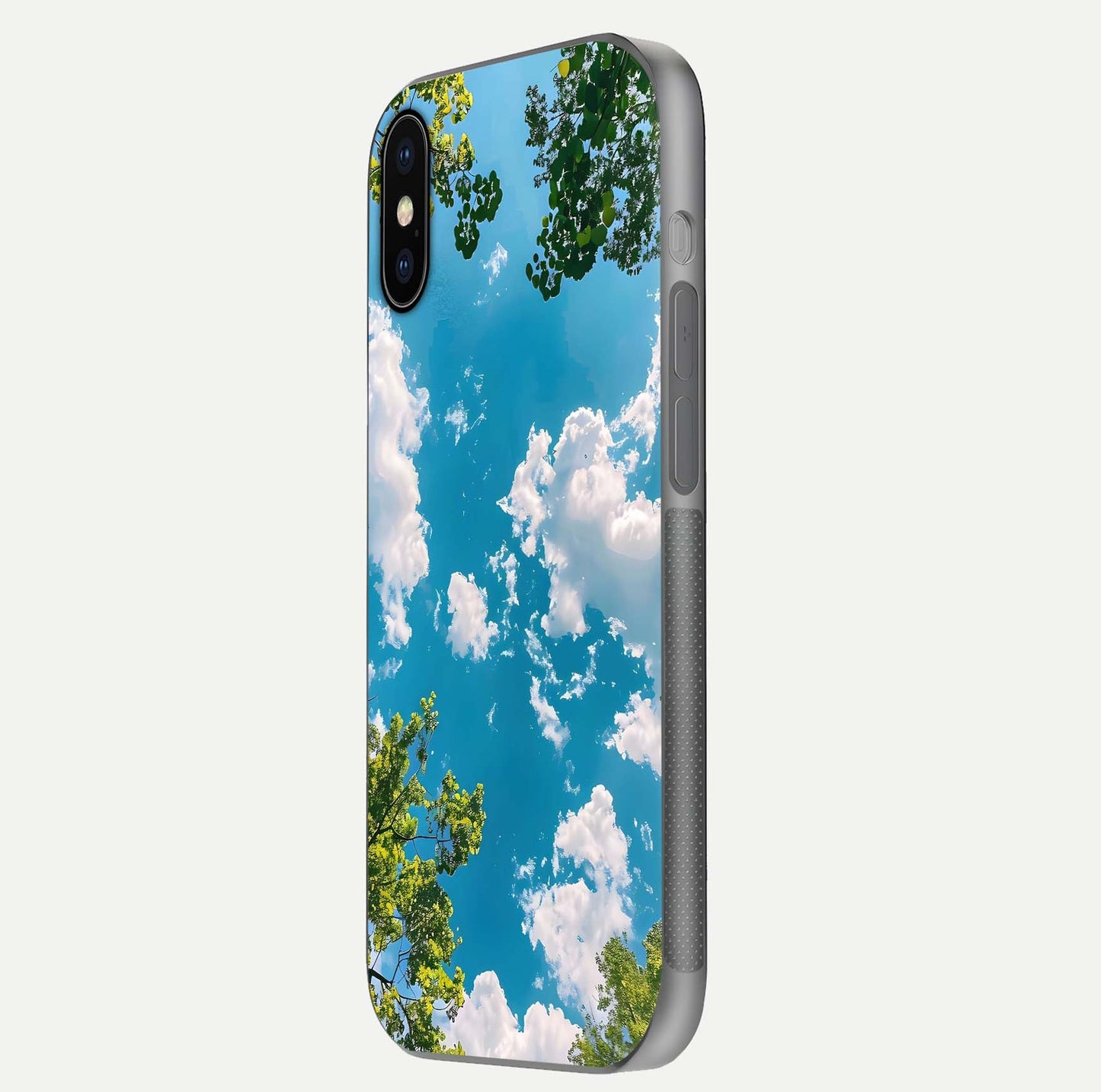 Greenery Sky Glass Case for iPhone X side-angle image showing reflection glow and nature-themed pattern