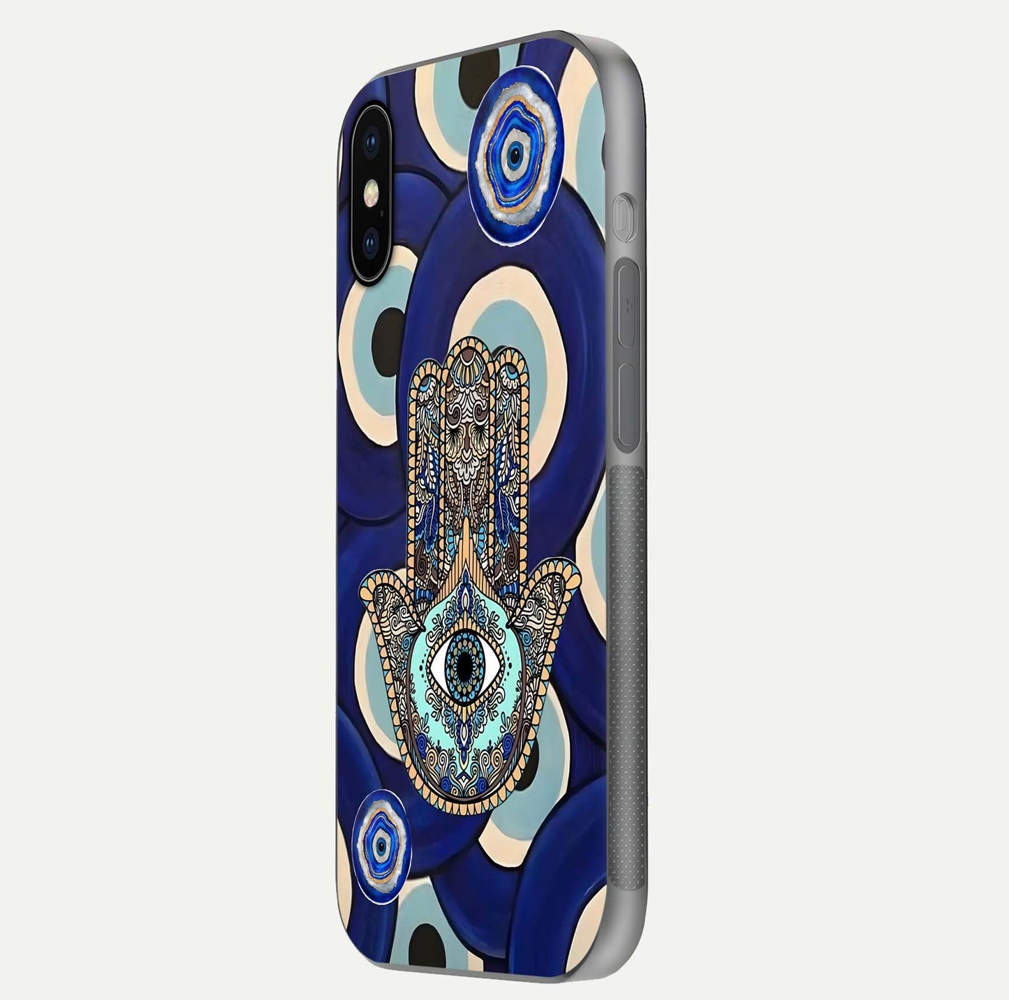 Hamsa Divine Guard Glass Case for iPhone X side-angle image showing reflection brilliance and protective design