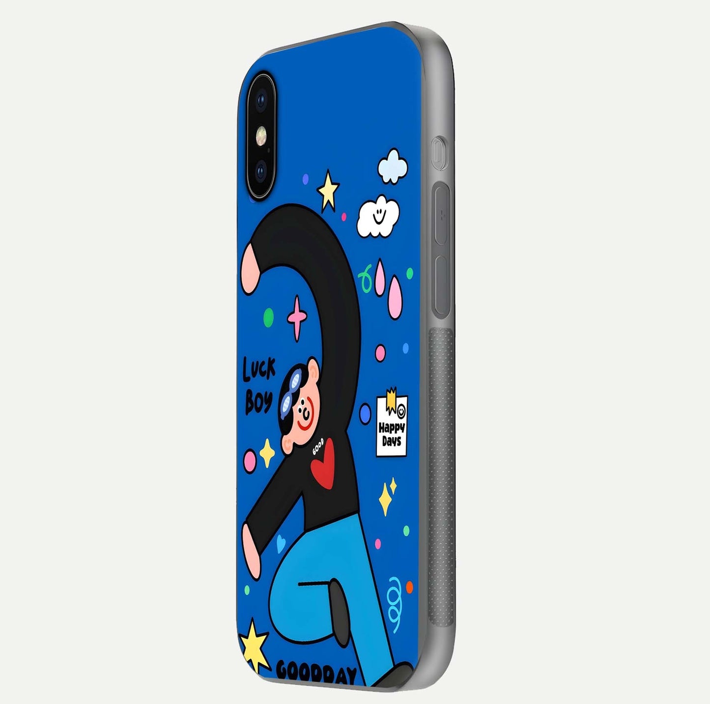 Happy Luck Vibe Glass Case for iPhone X side-angle image showing reflection polish and vivid charm design