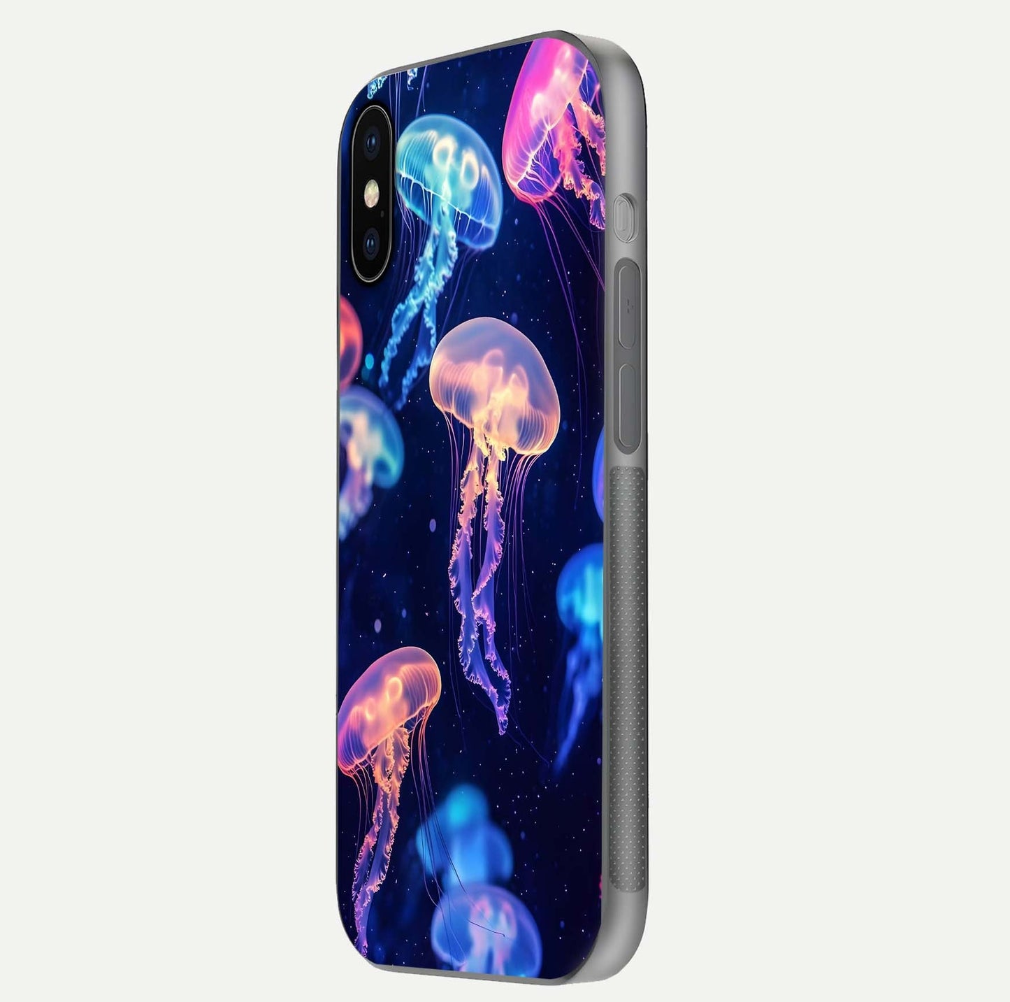 Jellyfish Pattern Glass Case for iPhone X side-angle image showing reflection glow and soft water-blue gradient