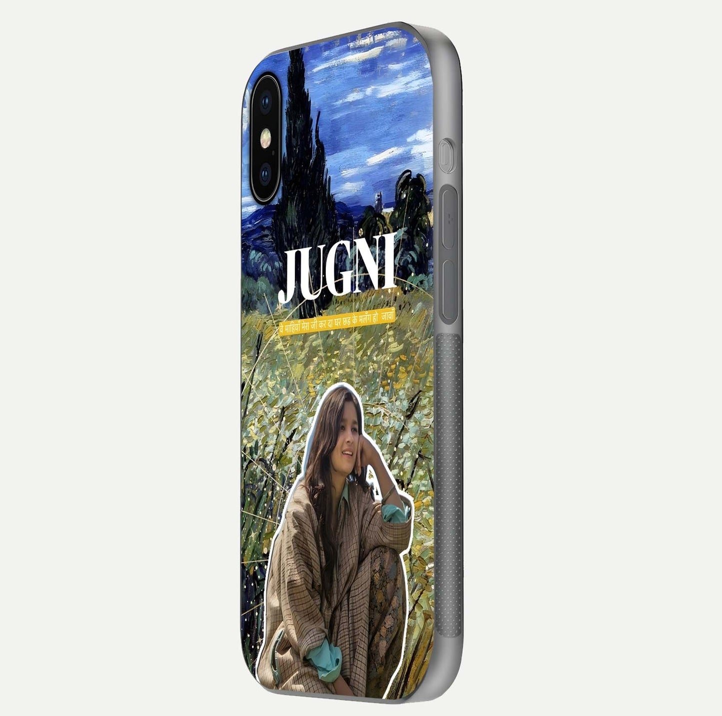 Jugni Soul Vibes Glass Case for iPhone X side-angle image with stylish typography and HD finish