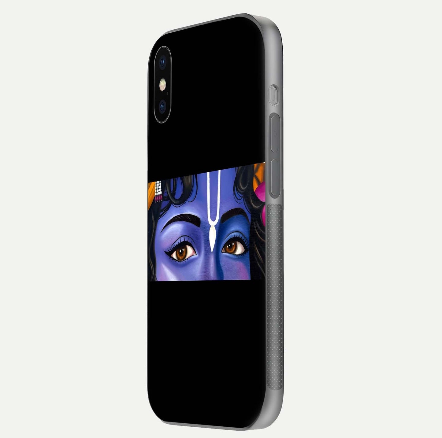 Krishna Eye Glass Case for iPhone X side-angle image showing reflection clarity and Krishna symbol design