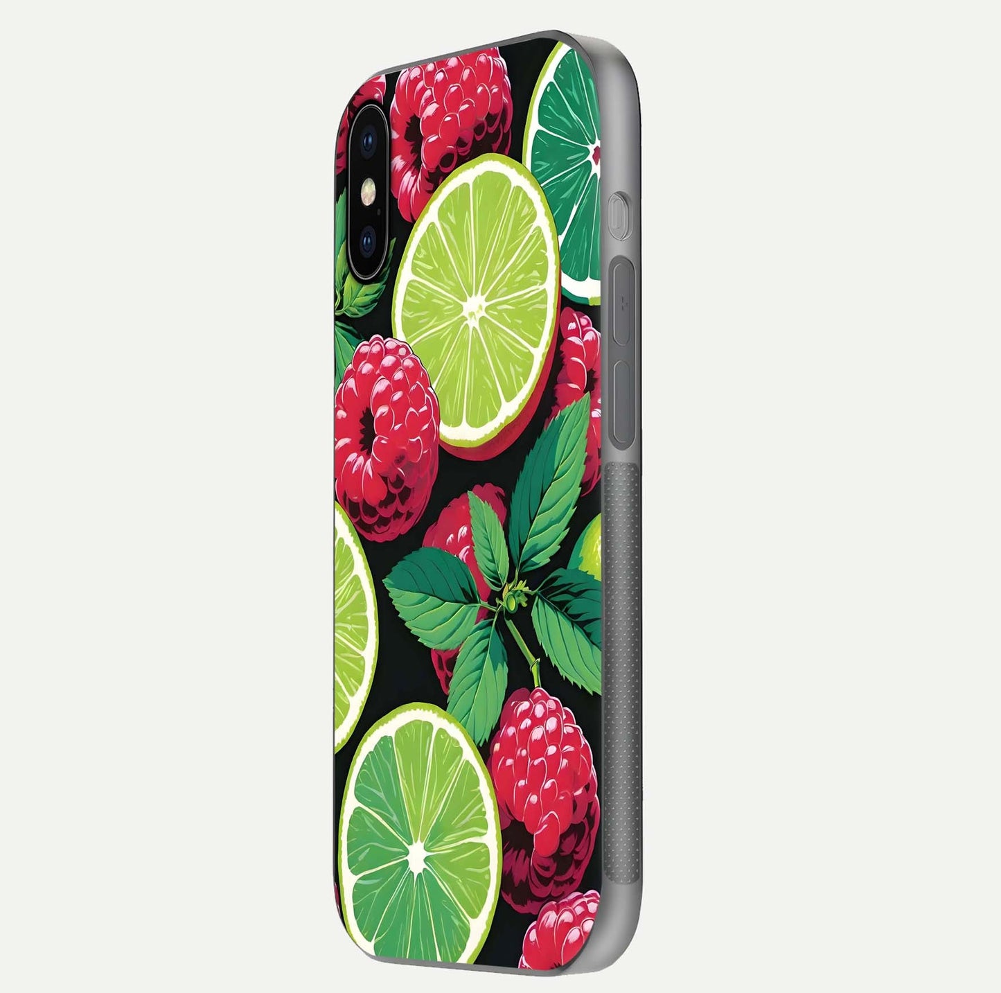 Lime and Raspberry Pattern Glass Case for iPhone X side-angle view revealing colorful fruit artwork details