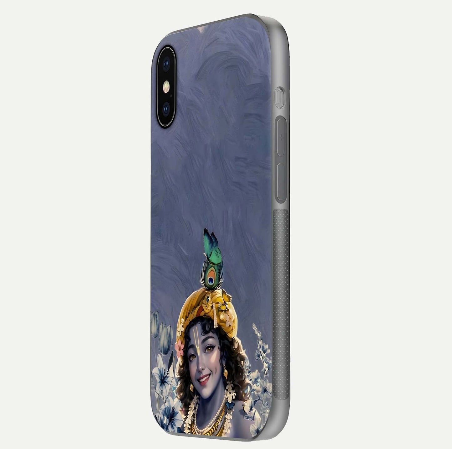Lord Krishna Glass Case for iPhone X side-angle image emphasizing premium reflection and sacred motif
