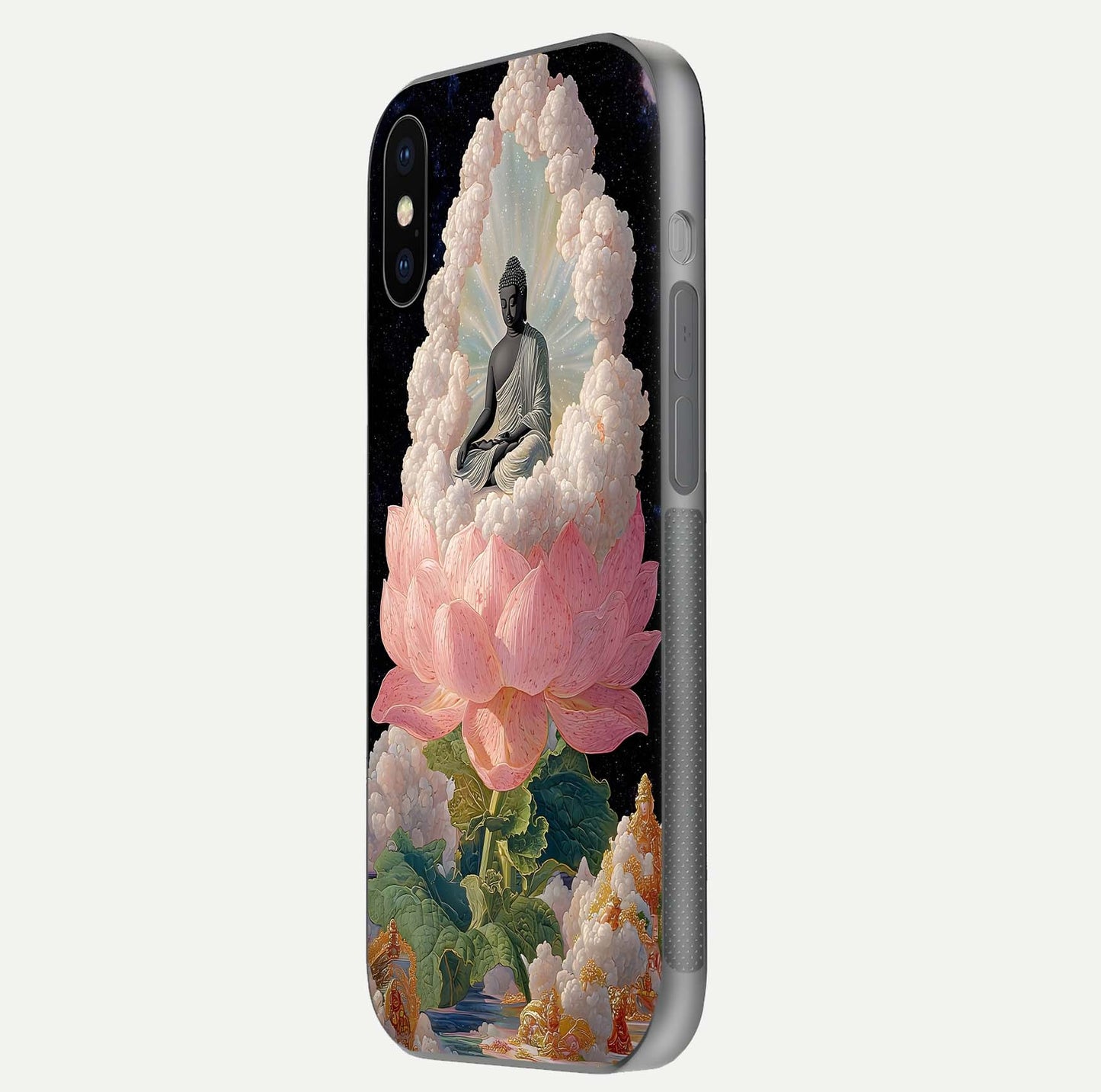 Lotus Divine Peace Glass Case for iPhone X side-angle shot showing elegant shine and floral symmetry