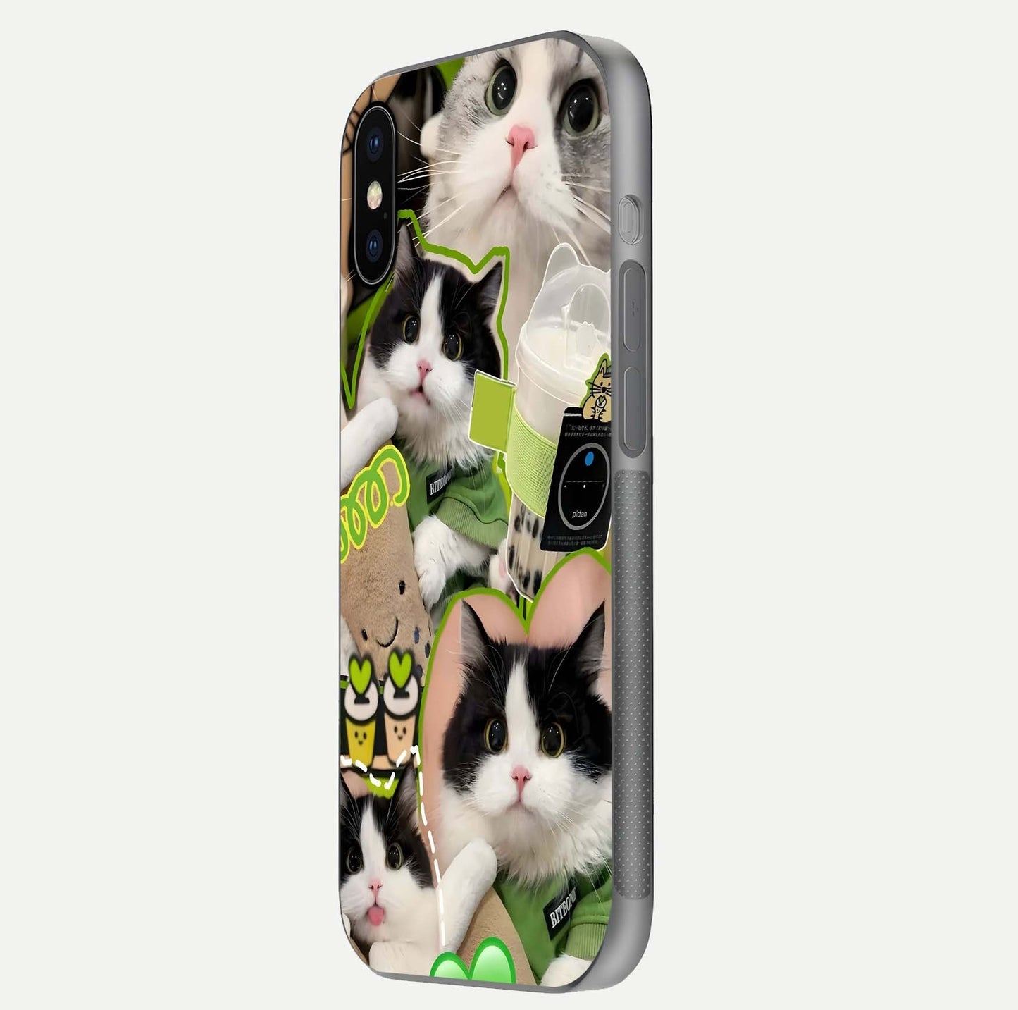 Matcha Cats Mood Glass Case for iPhone X side-angle image showing shine clarity and cat pattern charm