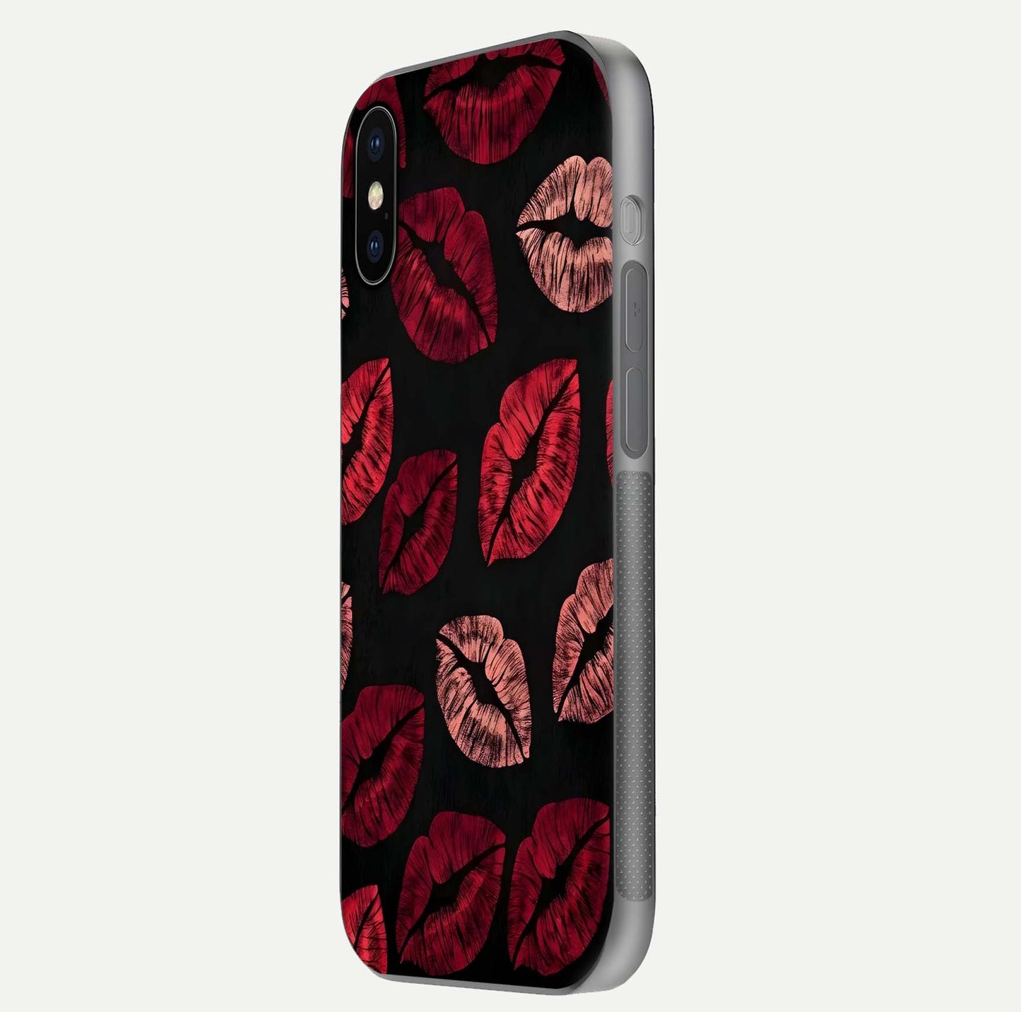 Midnight Kiss Love Glass Case for iPhone X side-angle image revealing gloss texture and deep love motif