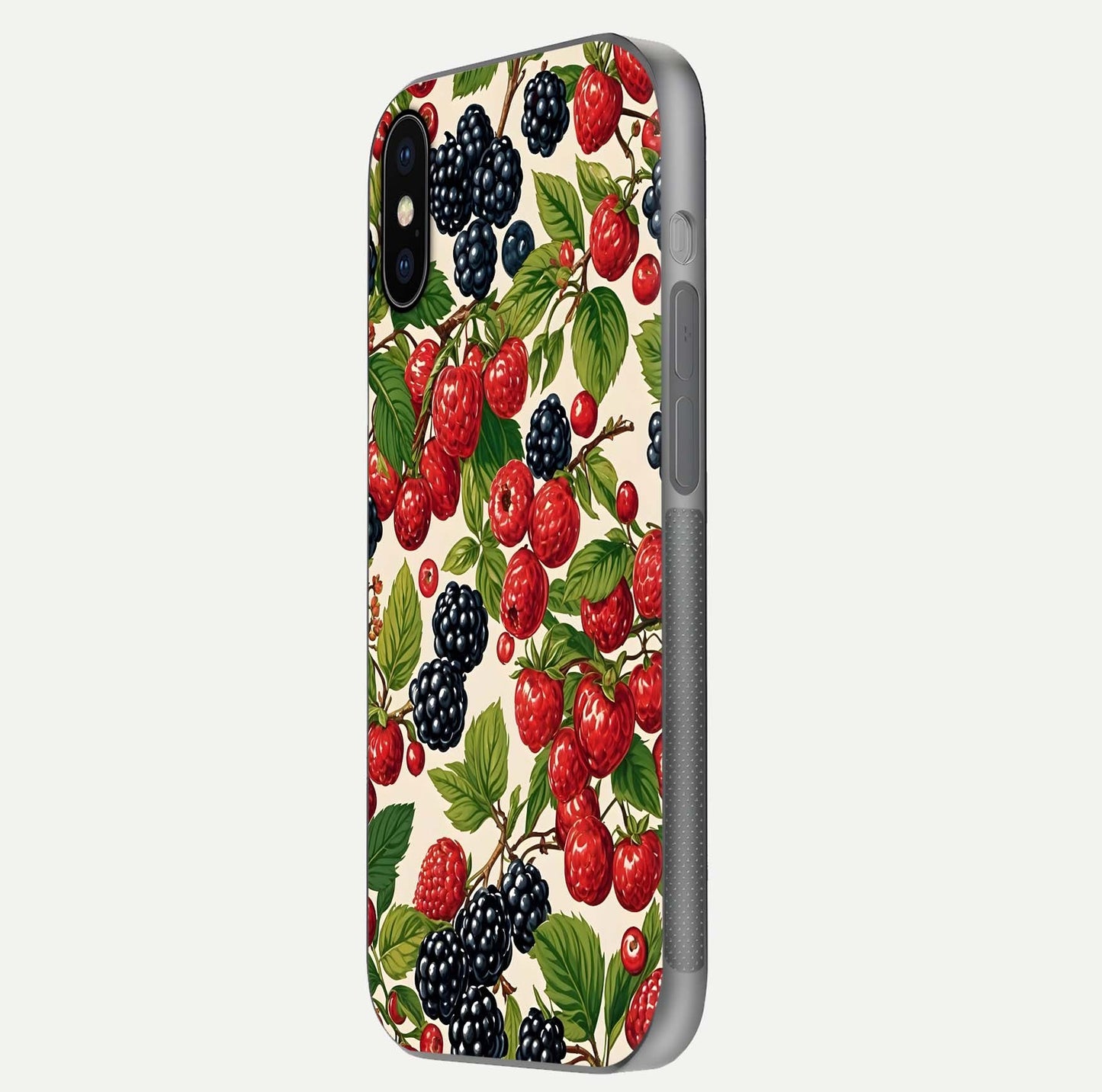 Mixed Berry Collage Glass Case for iPhone X side-angle image showing reflection and HD fruit texture