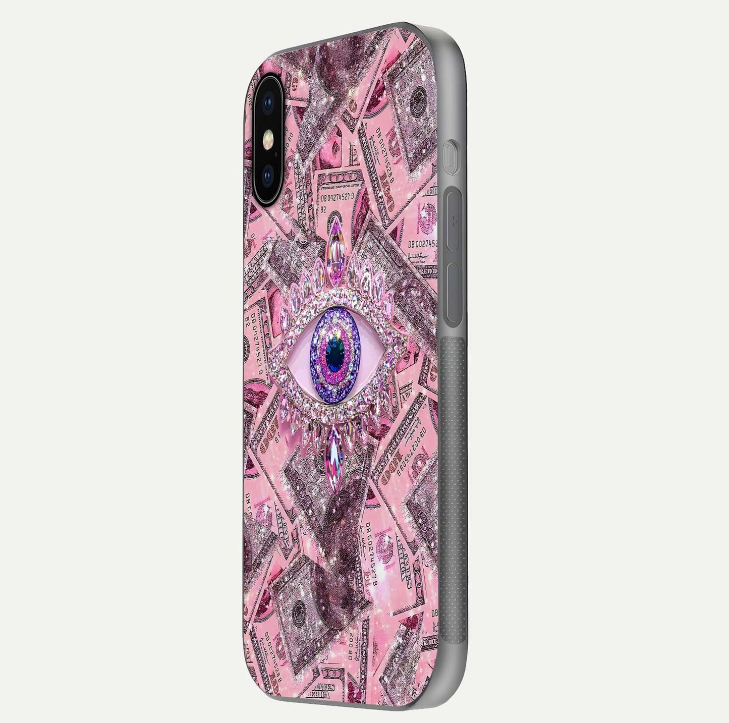 Money Eye Luxe Glass Case for iPhone X side-angle image showing HD reflection and luxury print clarity