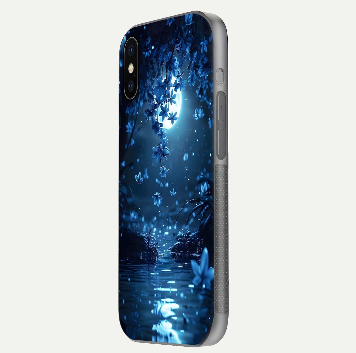 Moonlight Petal Dream Glass Case for iPhone X side-angle image showing reflection and petal detail