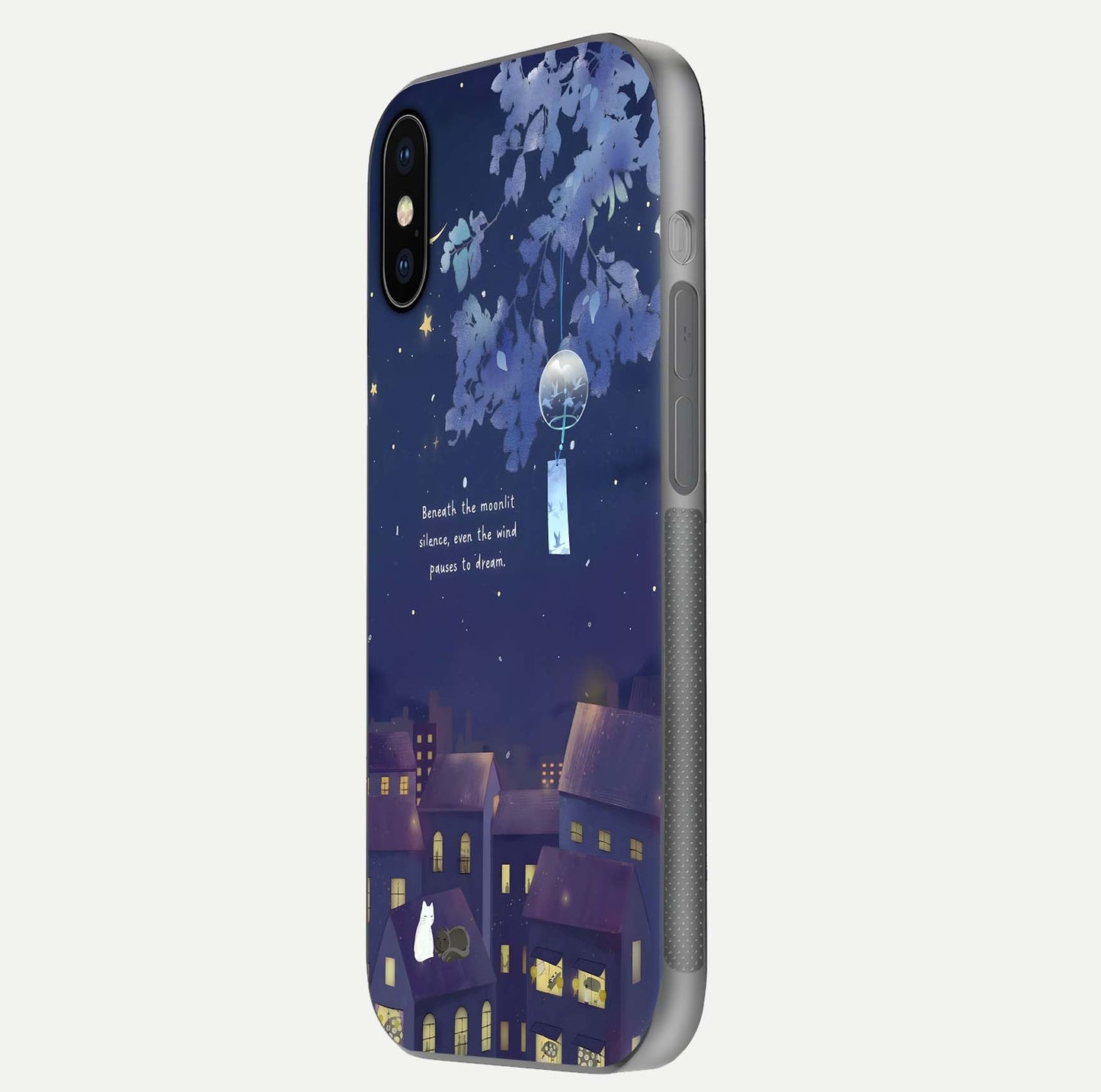 Moonlit Cat Silence Glass Case for iPhone X side-angle image showing HD gloss and feline artwork detail