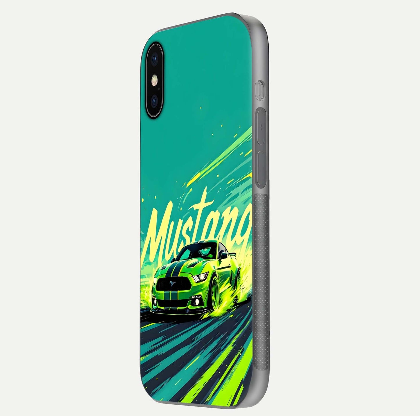 Mustang Bang Glass Case for iPhone X side-angle image showing reflection clarity and bold car artwork