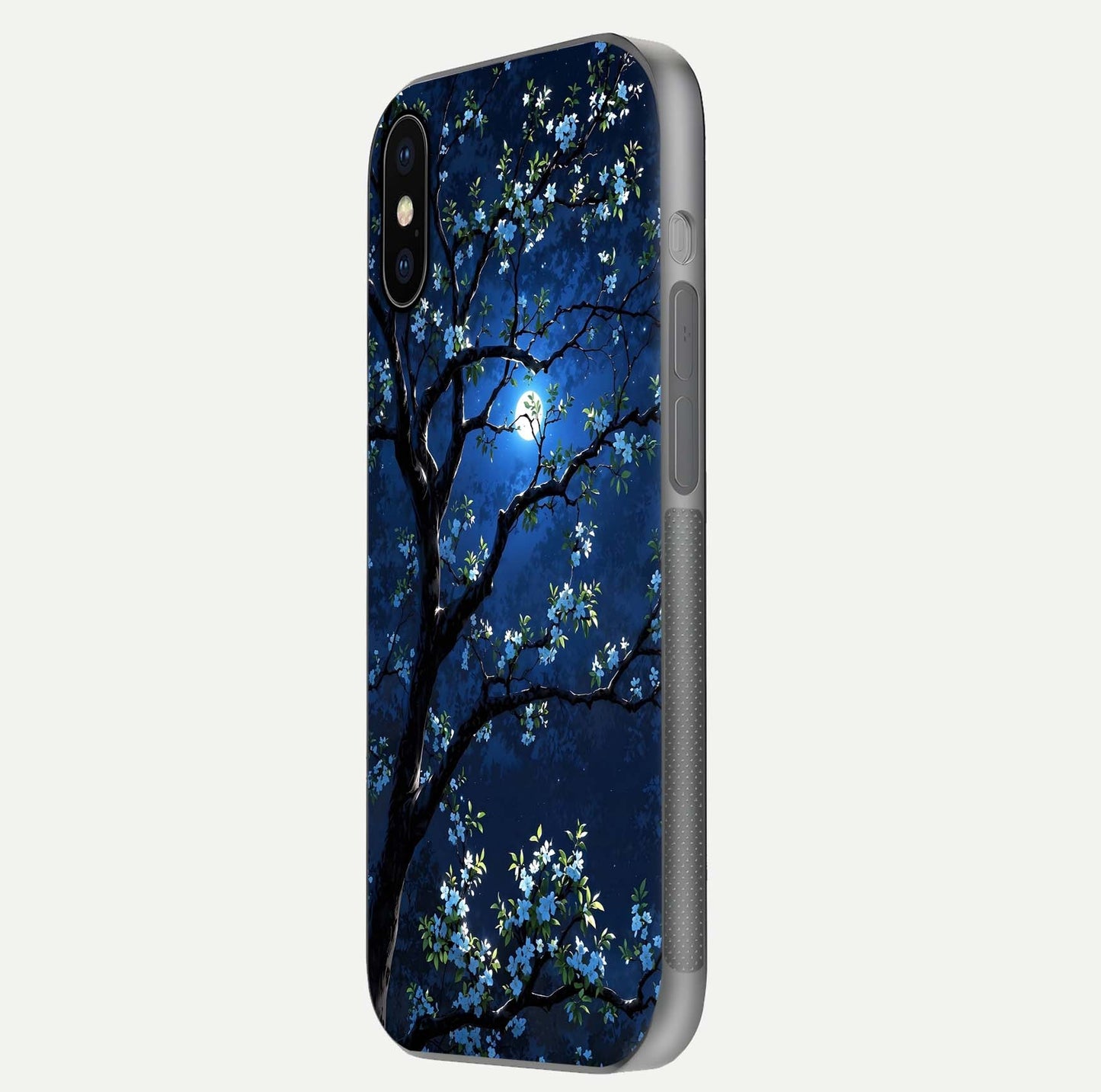 Mystic Floral Night Glass Case for iPhone X side-angle image showing gloss surface and midnight floral tones