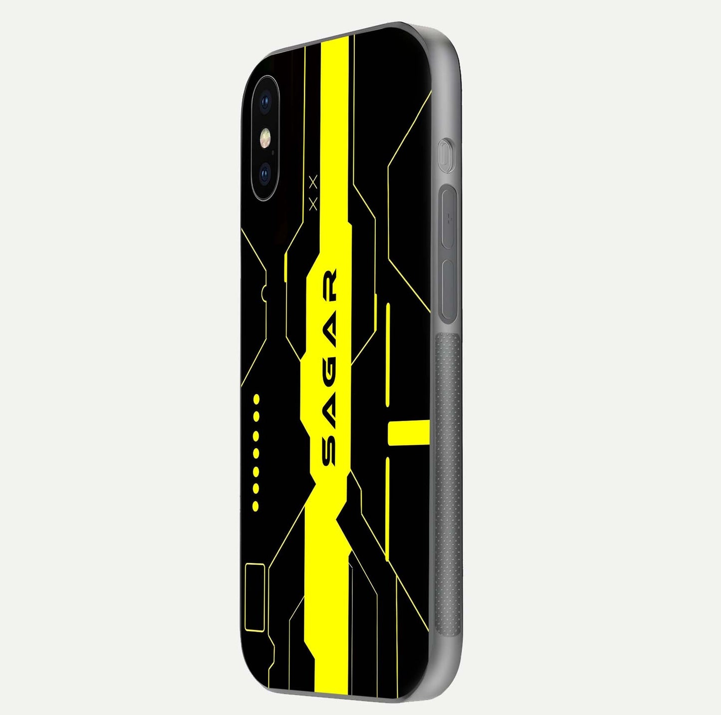 Neon CYBERPUNK Custom Name Glass Case for iPhone X side-angle image showing glow depth and bold print