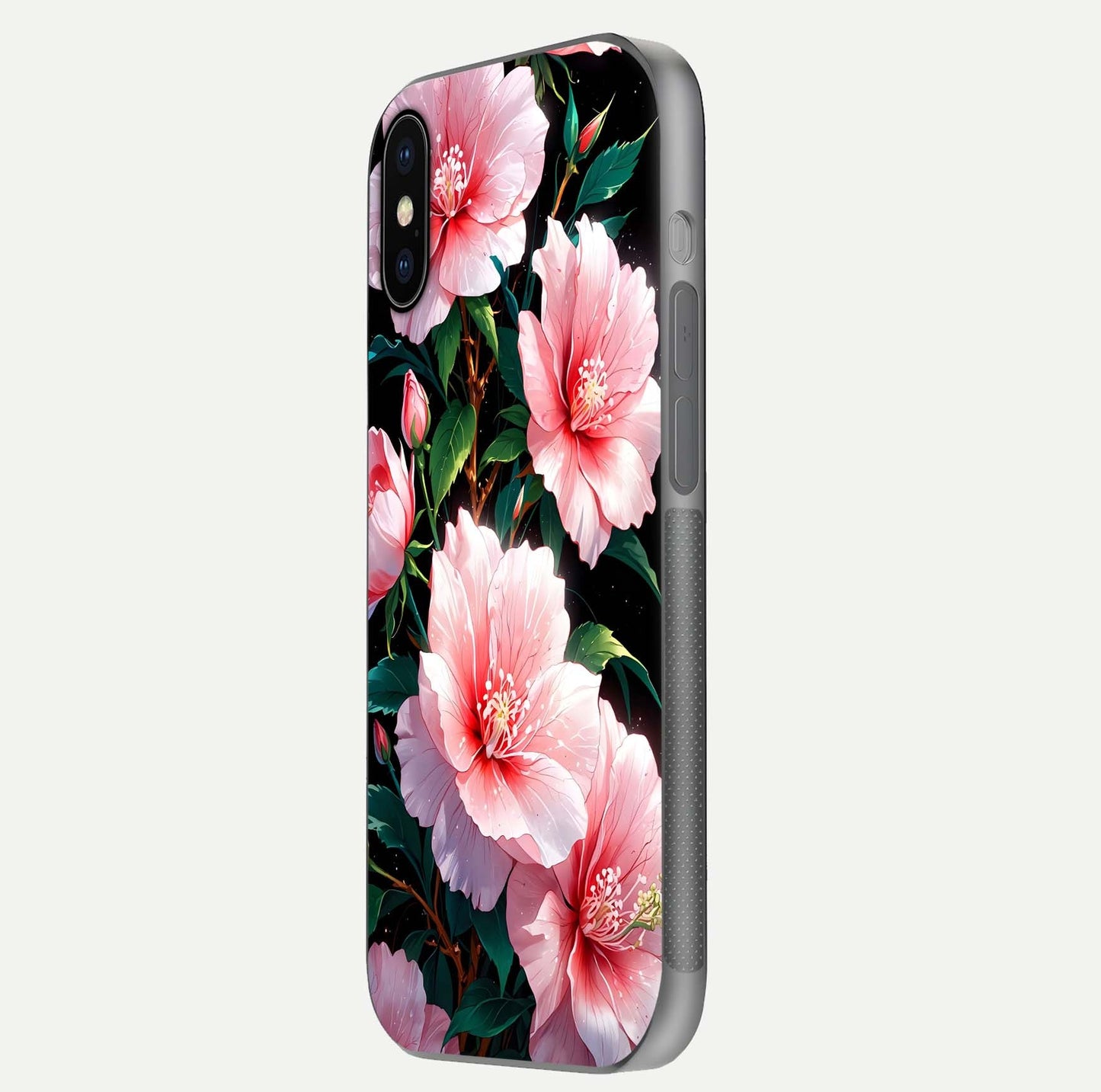 Peach Flower Glass Case for iPhone X side-angle image showing gloss depth and peach blossom detail