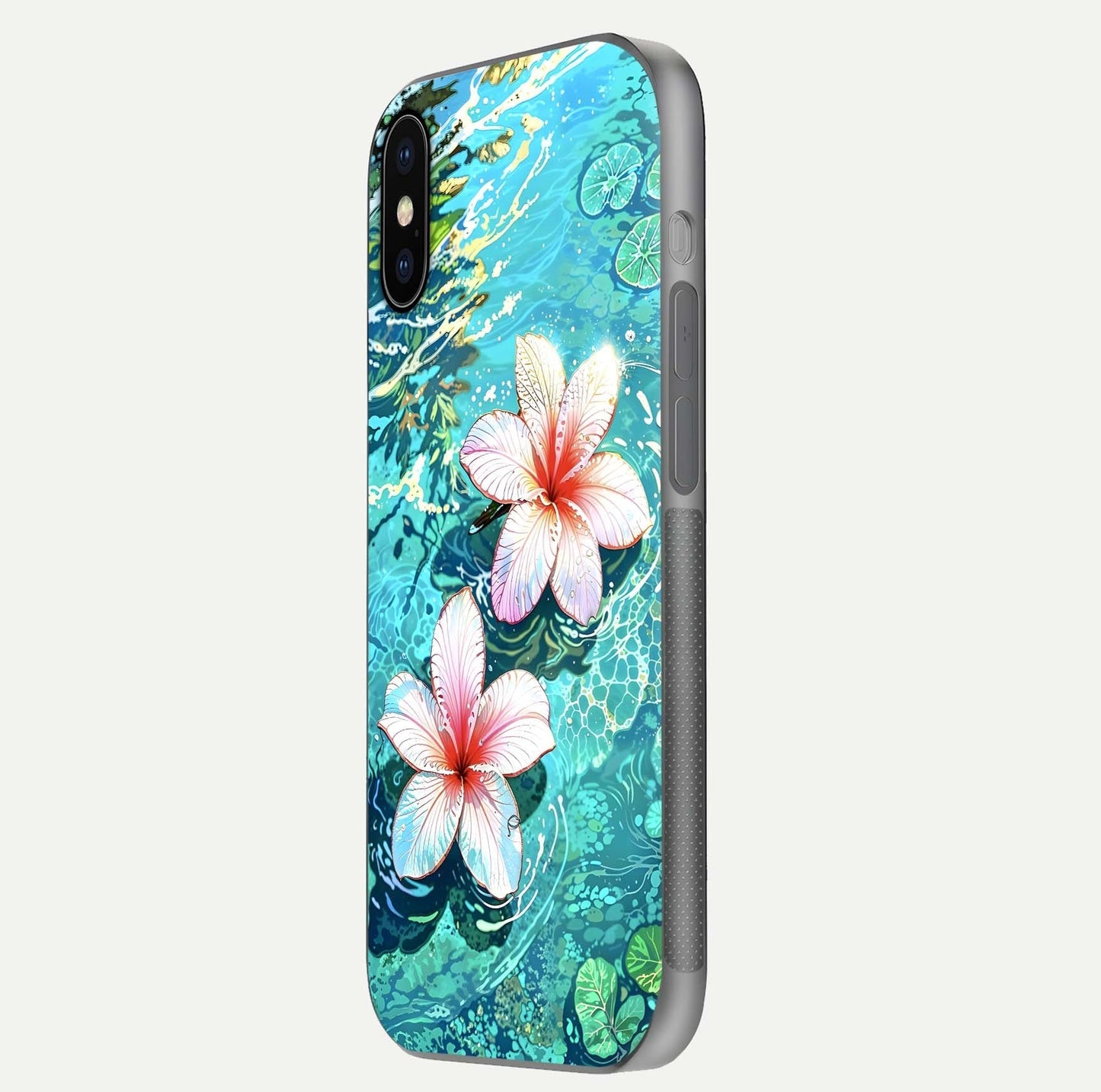 Pink Flowers in Water Glass Case for iPhone X side-angle image showing reflection and depth of detail