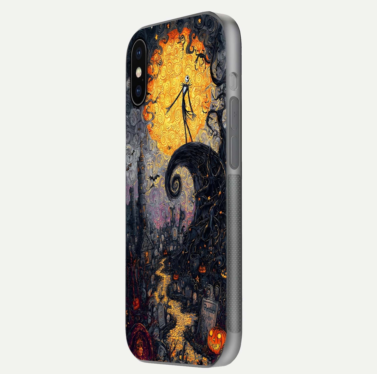 Pumpkin Moon Night Glass Case for iPhone X side-angle image showing reflection depth and pumpkin pattern