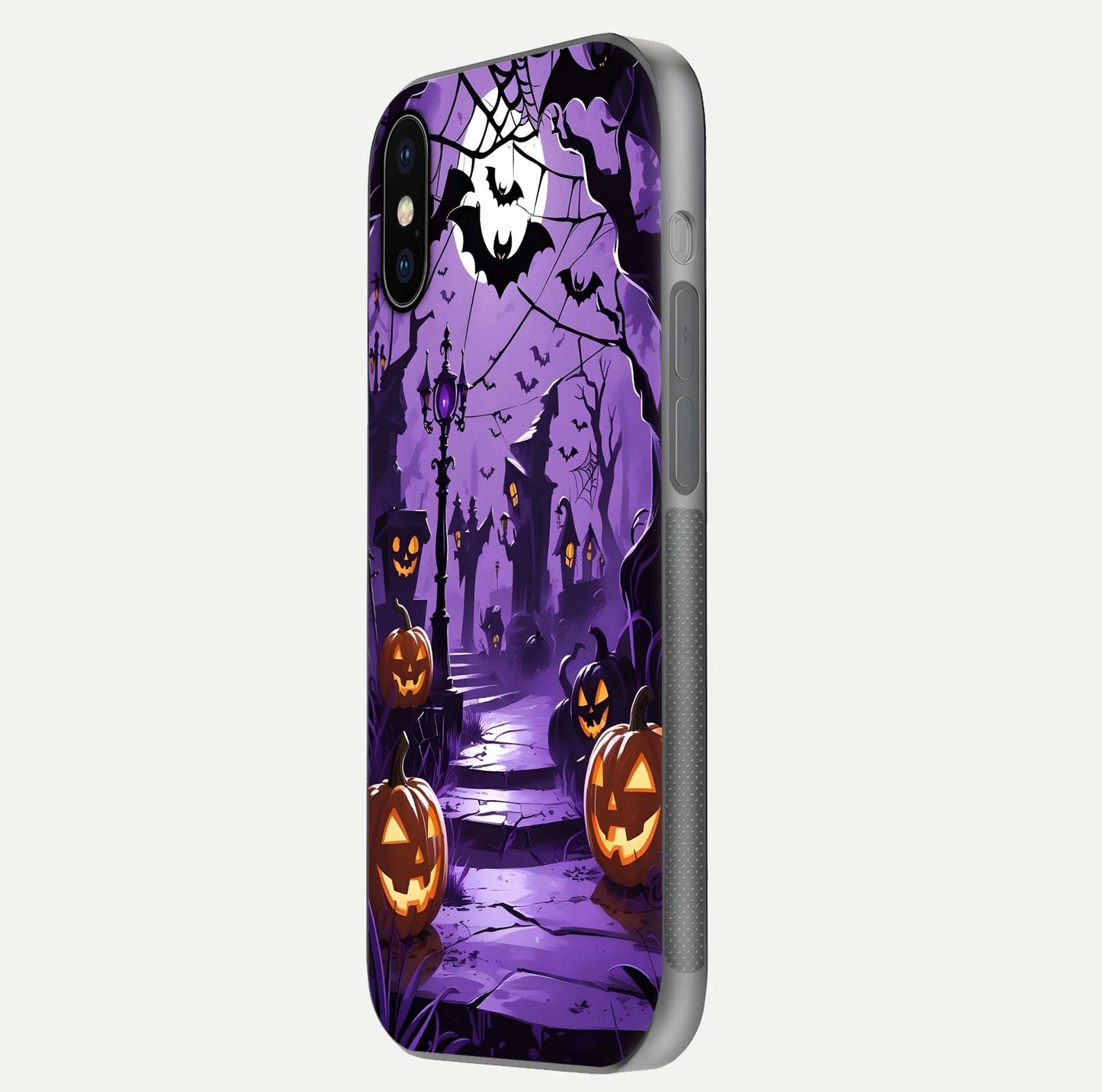 Pumpkin Patch Halloween Glass Case for iPhone X side-angle image showing shine, camera cutout, and spooky art