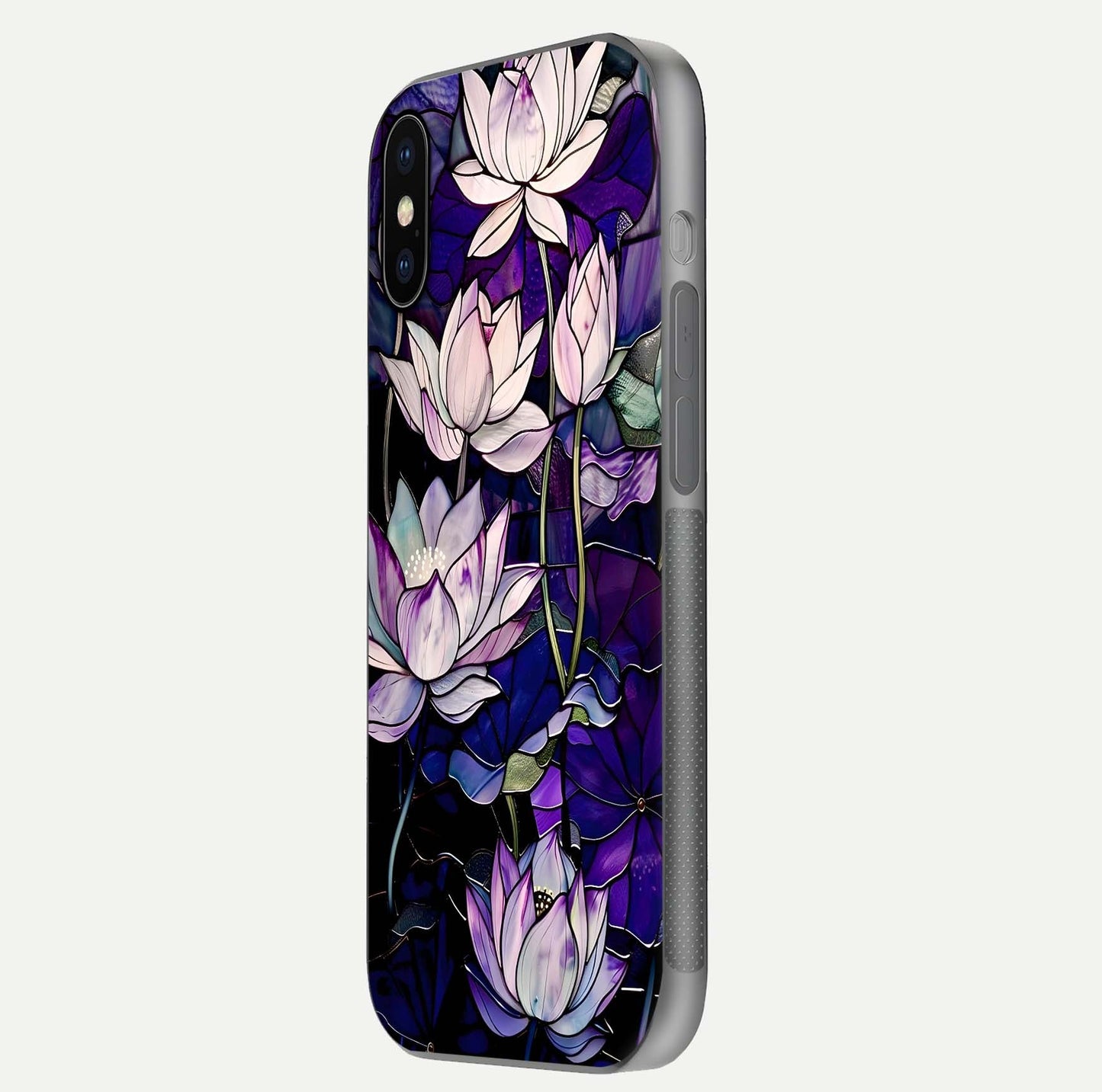 Purple Lotus Pattern Glass Case for iPhone X side-angle image showing reflection depth and lotus detail