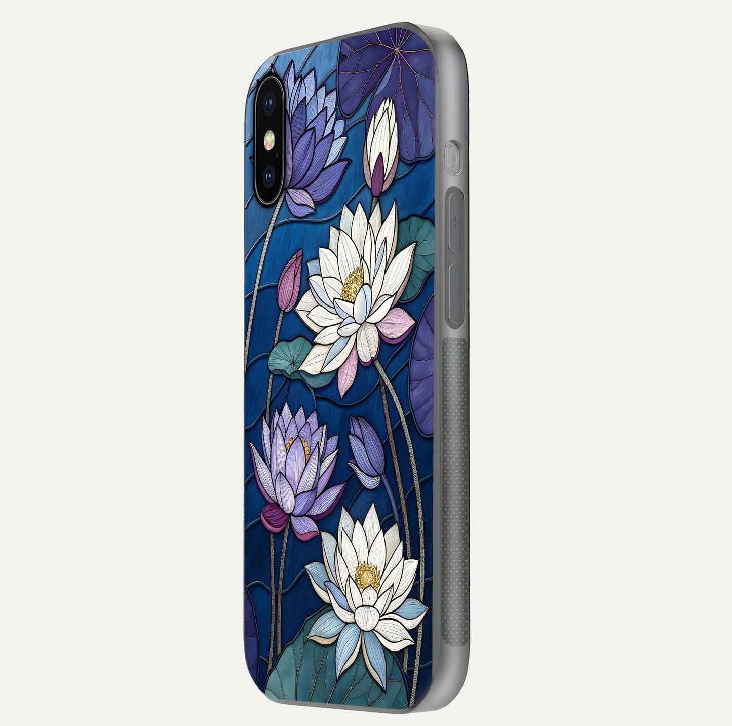 Purple Lotus Stained Glass Case for iPhone X side-angle image showing gloss, reflection, and intricate detailing