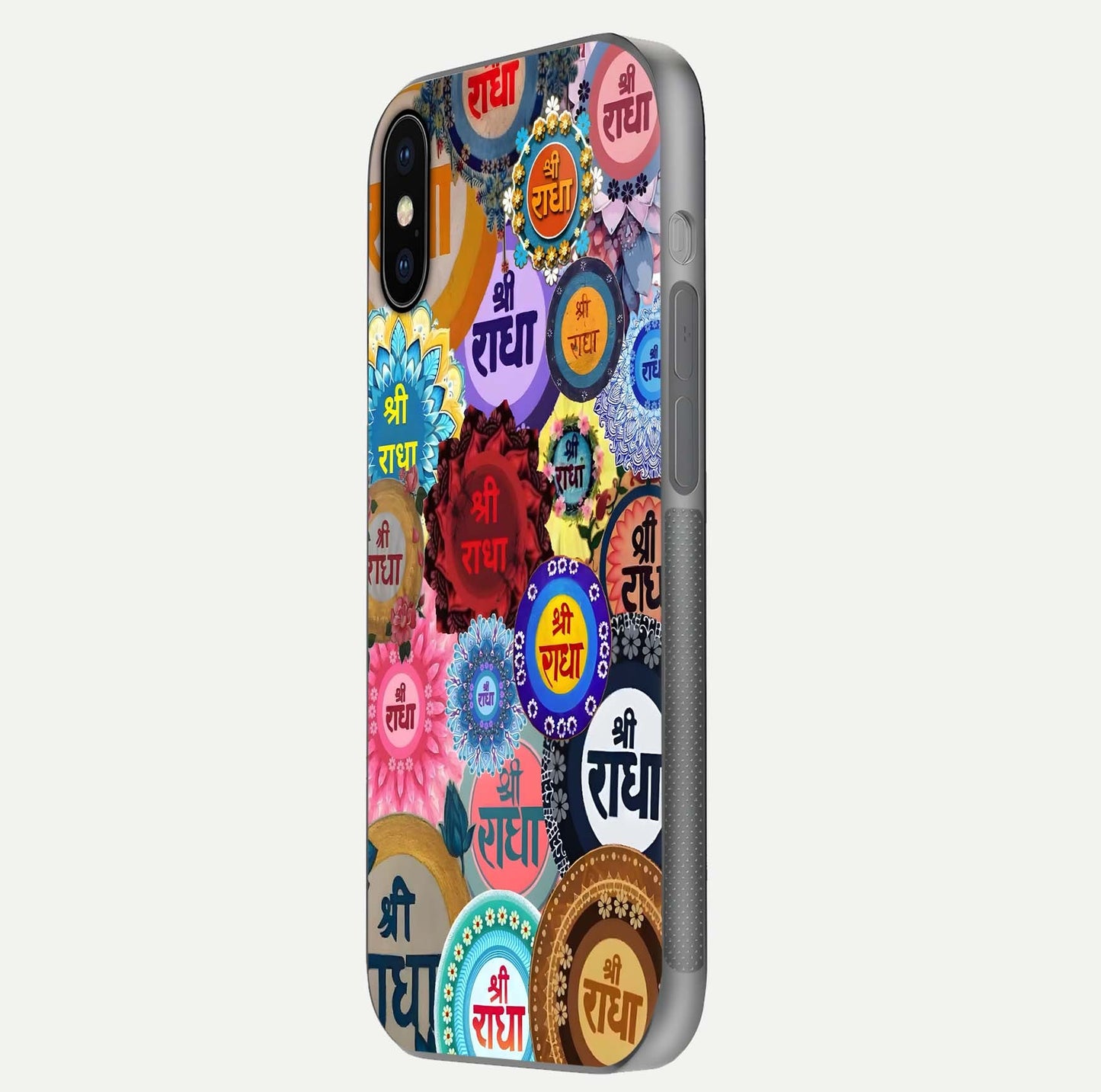 Radha Divine Bloom Glass Case for iPhone X side-angle image showing shine, reflection, and floral motif