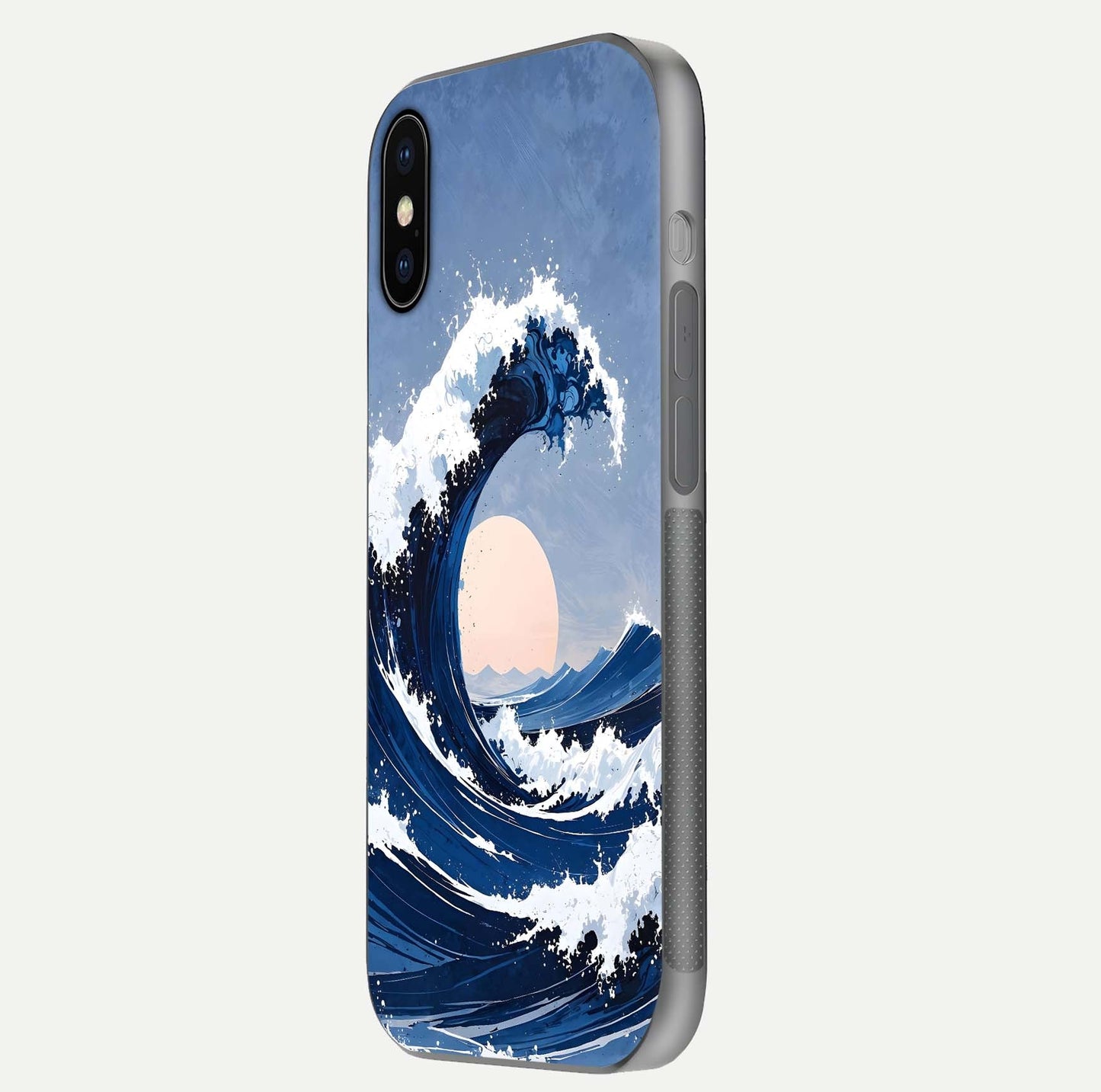 Rising Tide Power Glass Case for iPhone X side-angle image showing shine and detailed ocean art