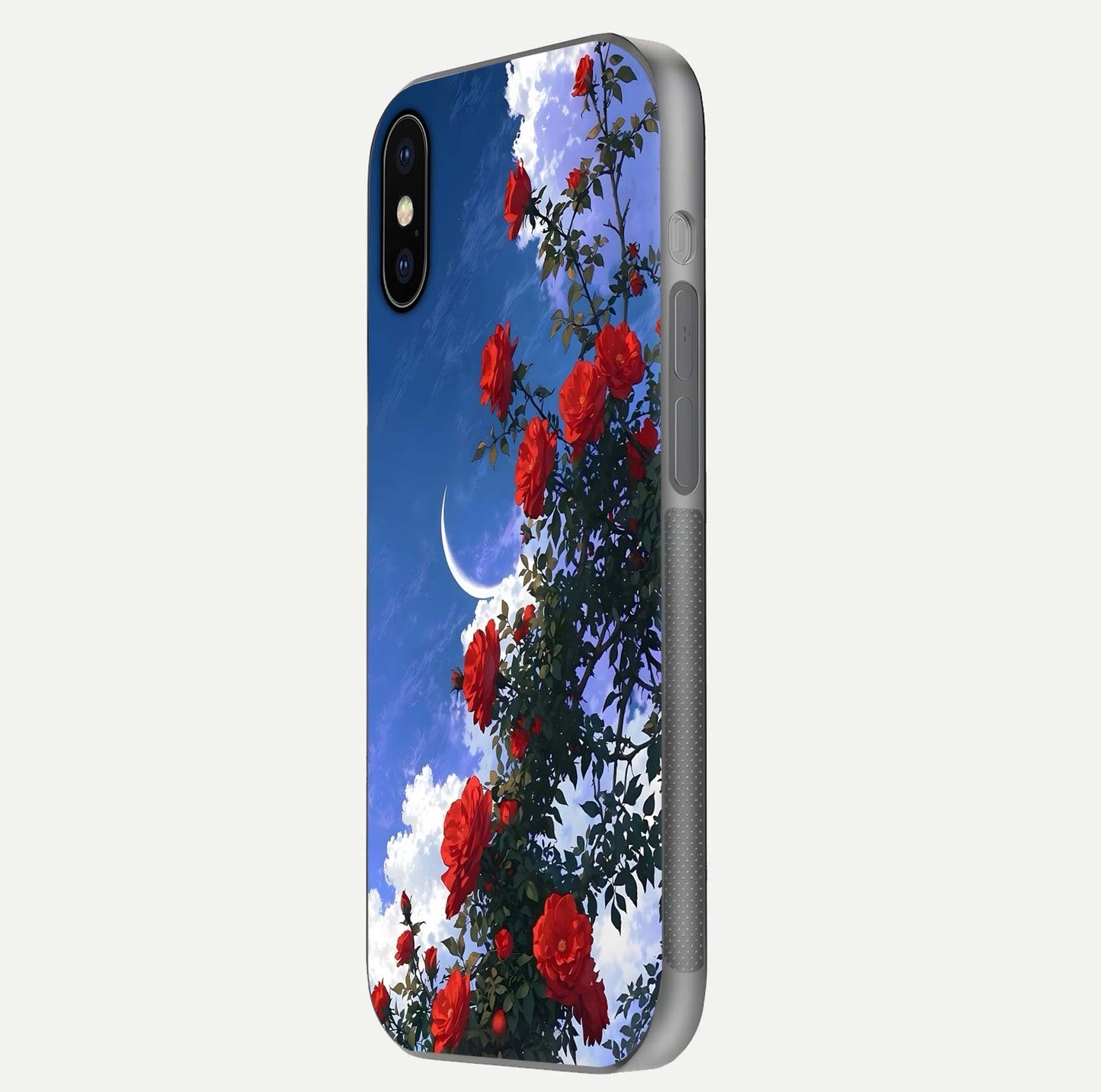 Rose Drift Flowers Glass Case for iPhone X side-angle image showing reflection and petal detail