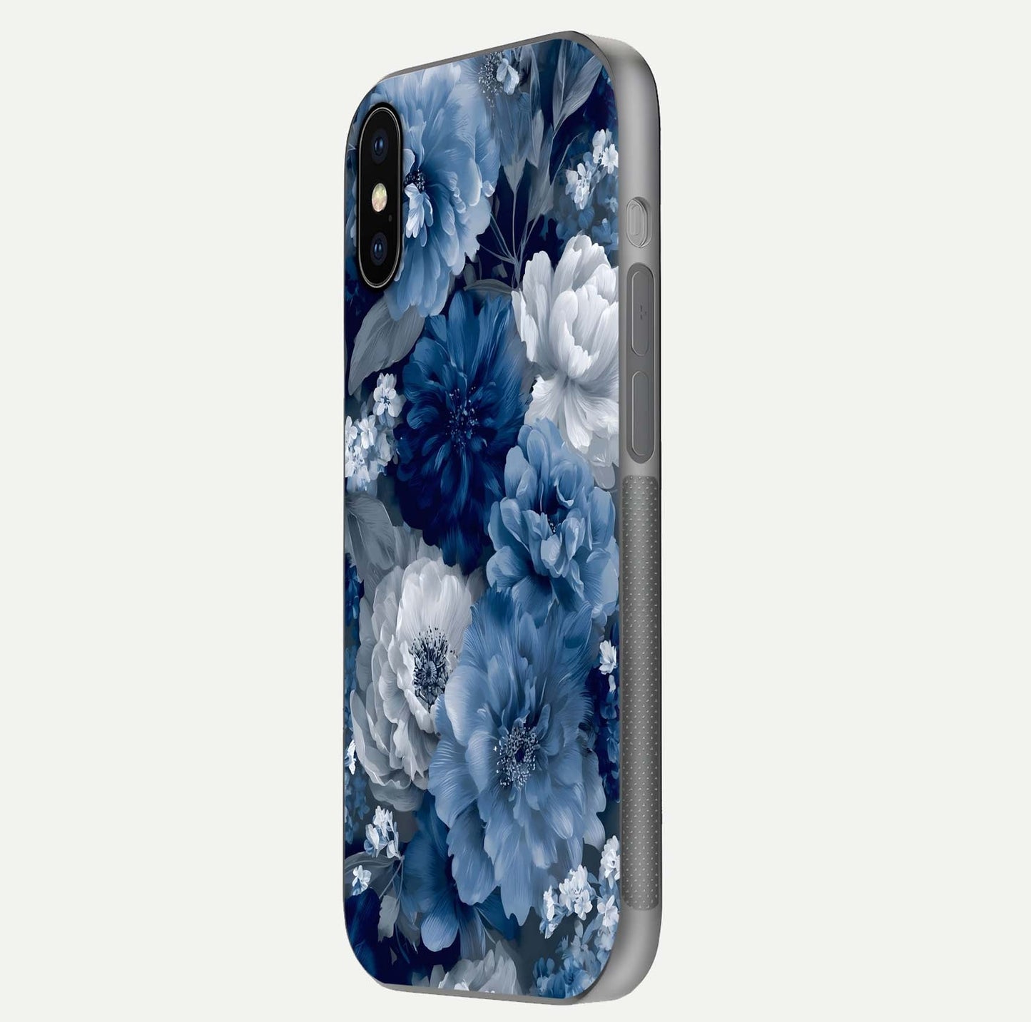 Royal Bloom Garden Glass Case for iPhone X side-angle image showing floral pattern, edges, and reflection