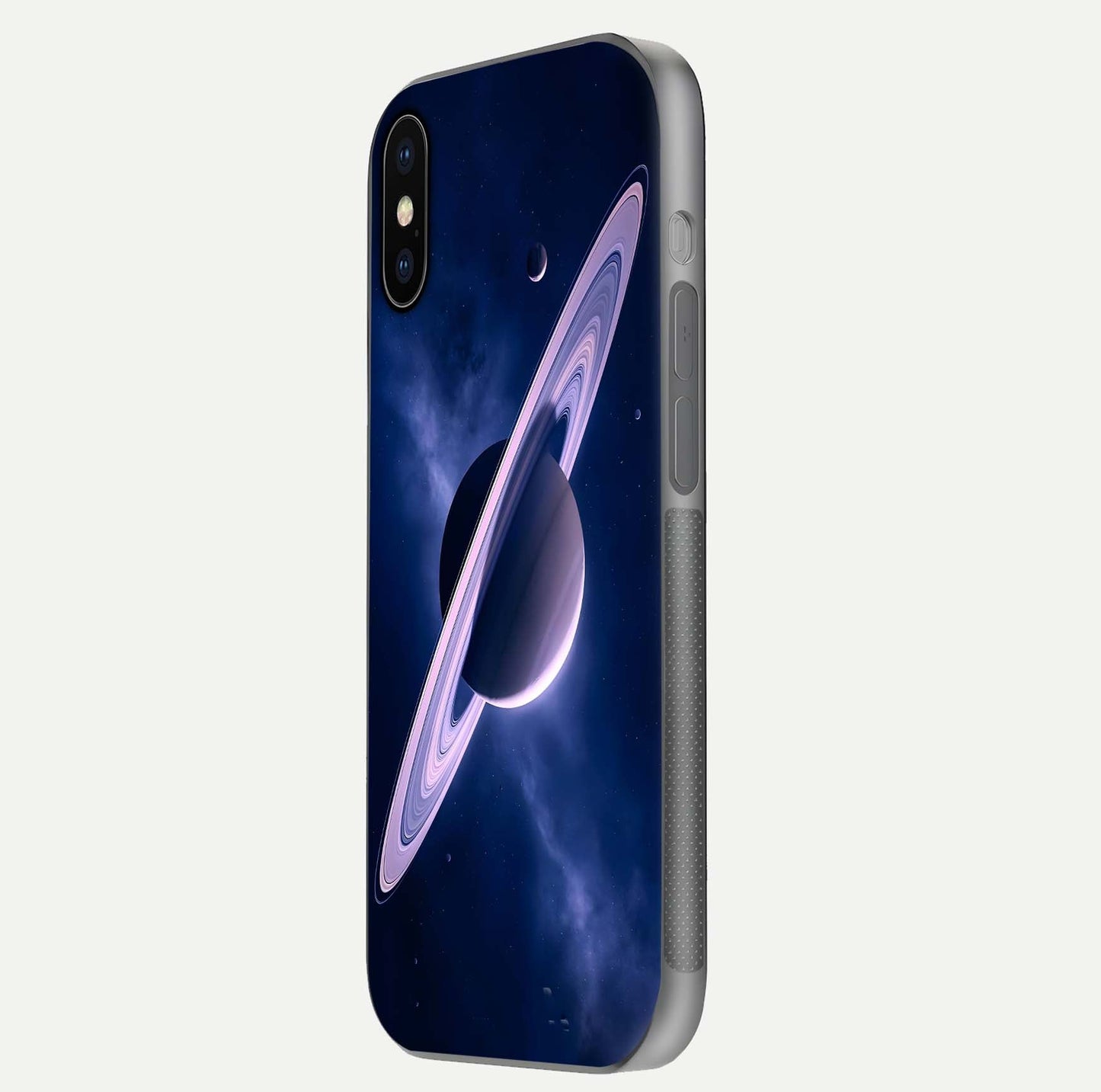 Saturn Ring Mystique Glass Case for iPhone X side-angle image showing shine and galaxy ring focus