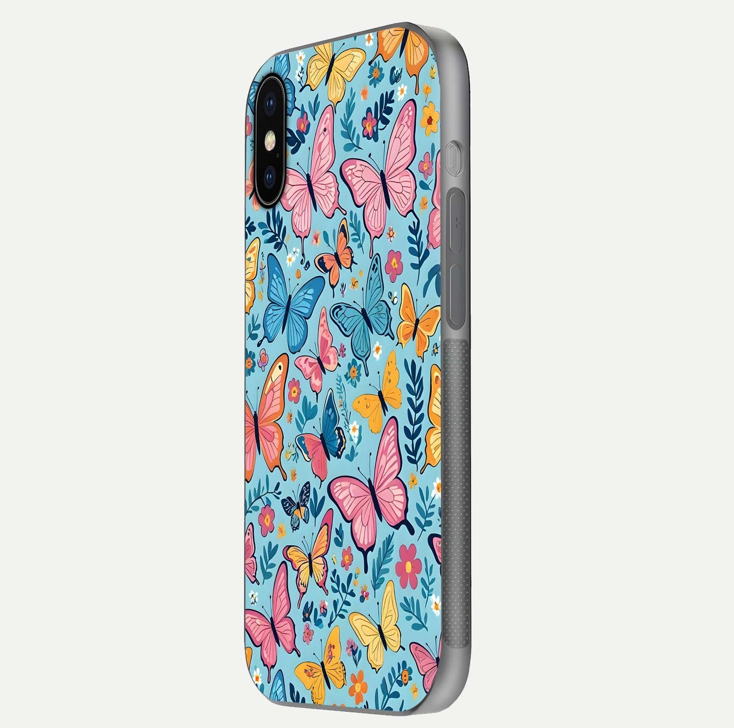 Spring Wing Garden Glass Case for iPhone X side-angle image showing shine, color, and pattern depth