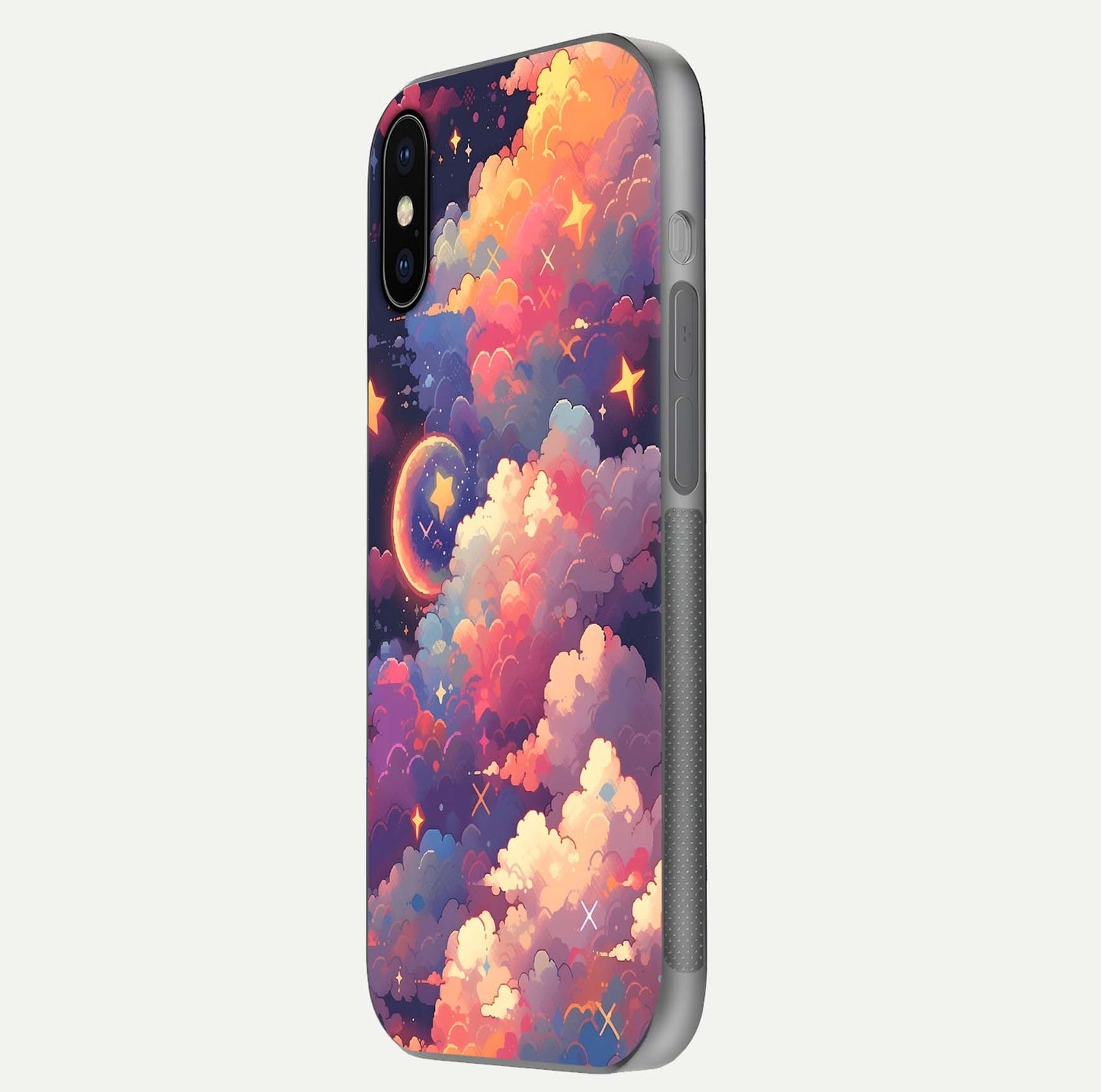 Starlit Dream Clouds Glass Case for iPhone X side-angle image showing shine, reflection, and dreamy tones
