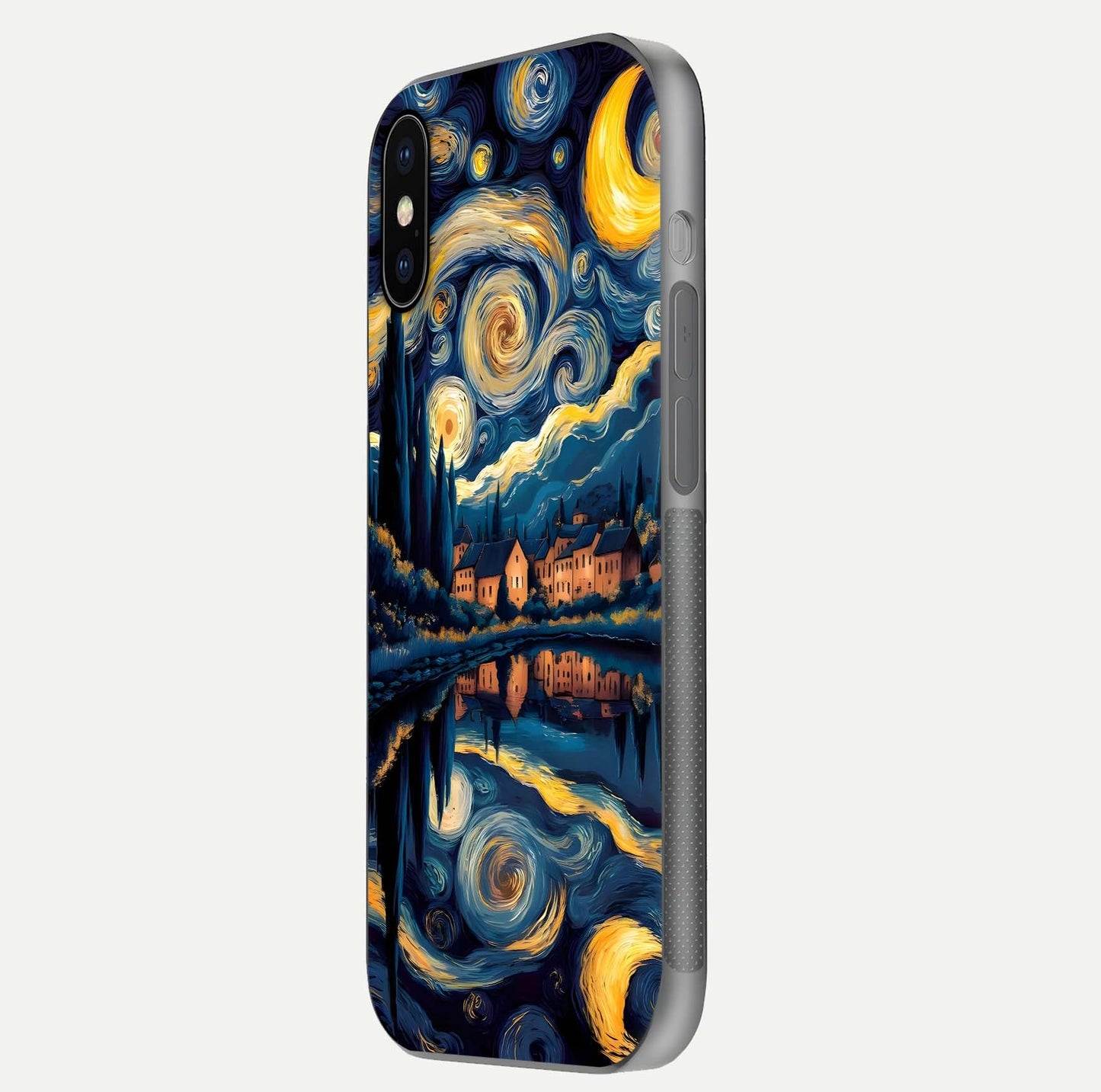 Starry Sky Serenity Glass Case for iPhone X side-angle image showing reflection and night-sky detail