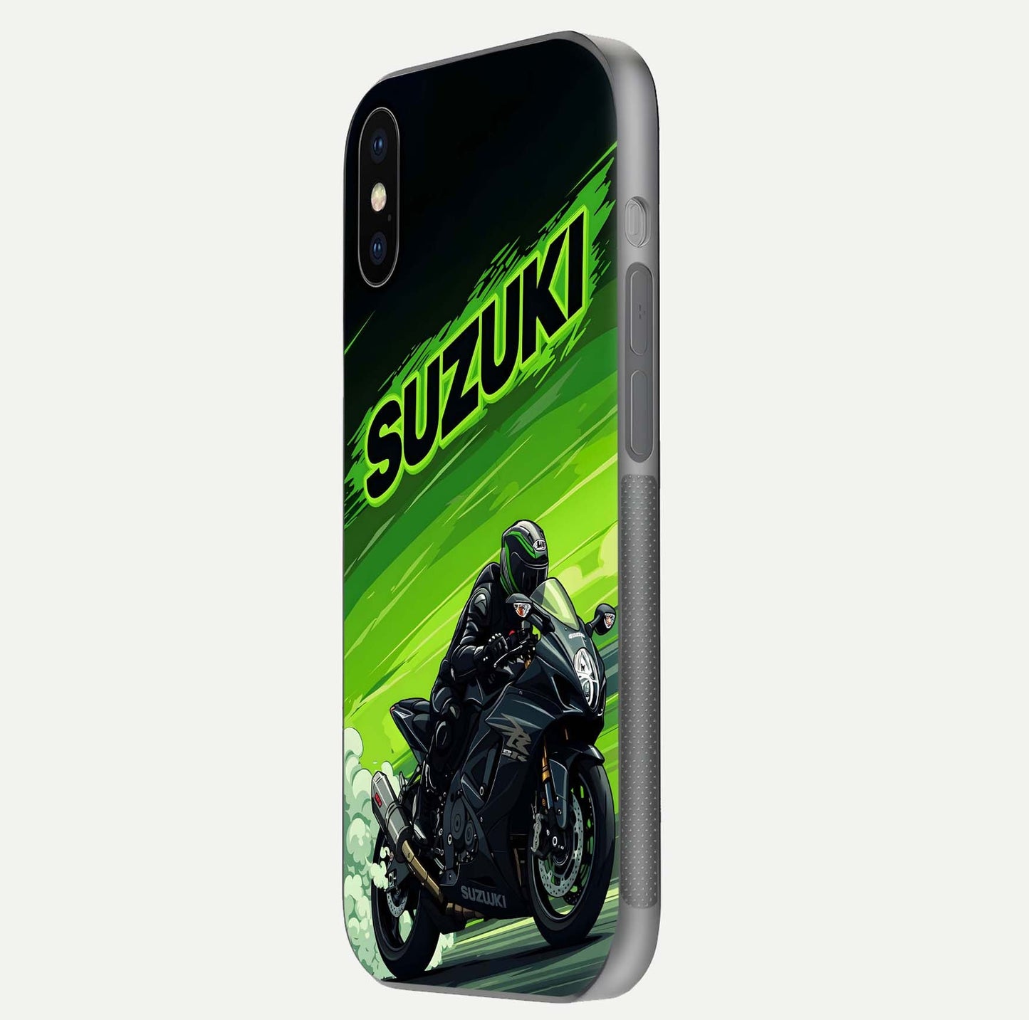 Suzuki Speed Beast Glass Case for iPhone X side-angle image showing reflection, gloss, and car detailing
