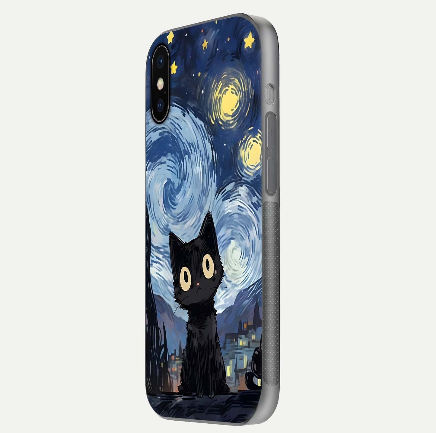 Van Gogh Cat Glass Case for iPhone X side-angle image showing light reflection and vivid artwork