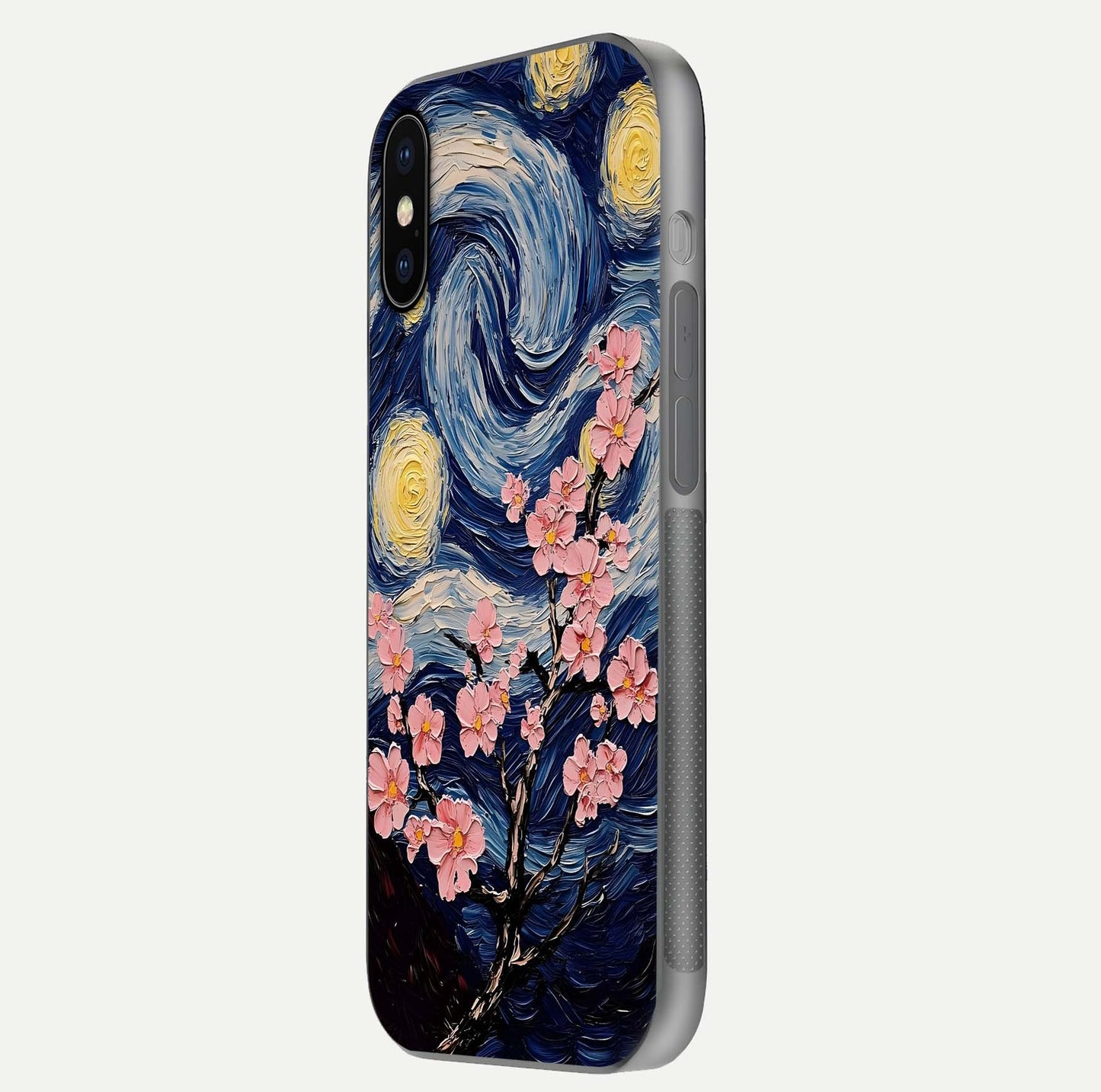 Van Gogh Scenery Glass Case for iPhone X side-angle image showing shine, gloss, and scenic color palette