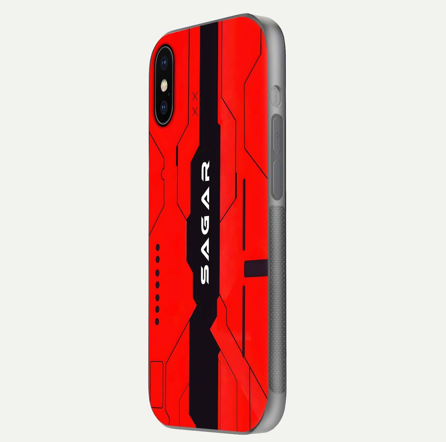 Voltage Rise CYBERPUNK Custom Name Glass Case for iPhone X side-angle image showing gloss and cyberpunk detail