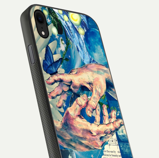 Aesthetic Divider Glass Case for iPhone Xr close-up angled shot showing detailed divider artwork and gloss reflection