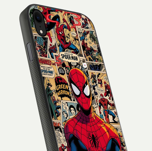 Aesthetic Spider Man Glass Case for iPhone Xr close-up angled shot showing detailed Spider-Man artwork and gloss reflection