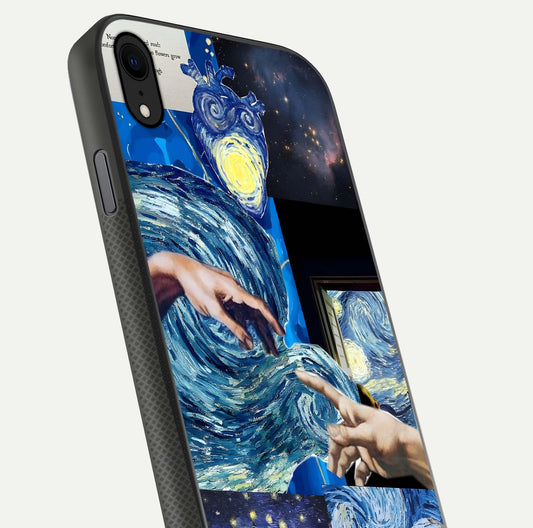 Aesthetic Vando Hands Glass Case for iPhone Xr close-up angle showing fine detailing of hand artwork and glass reflection