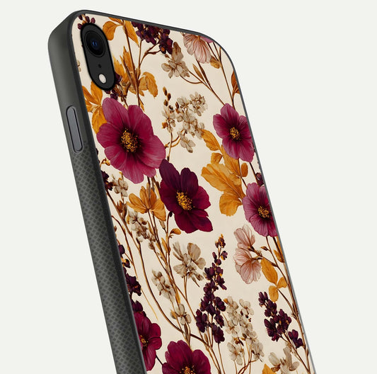 Autumn Wine Bloom Glass Case for iPhone Xr close-up highlighting petal detail and gloss reflection